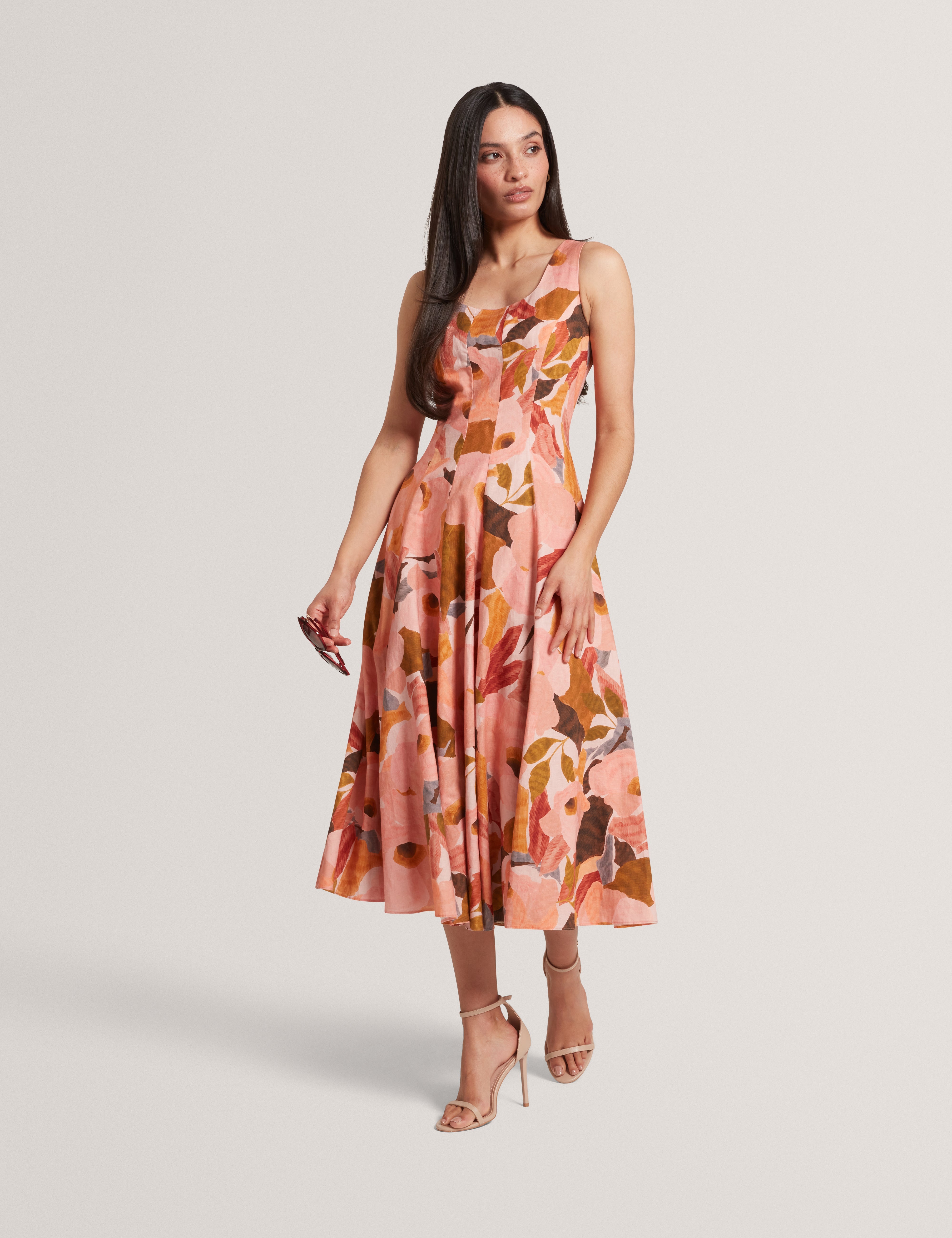 Shivana Printed Linen Blend Midi Dress Coral
