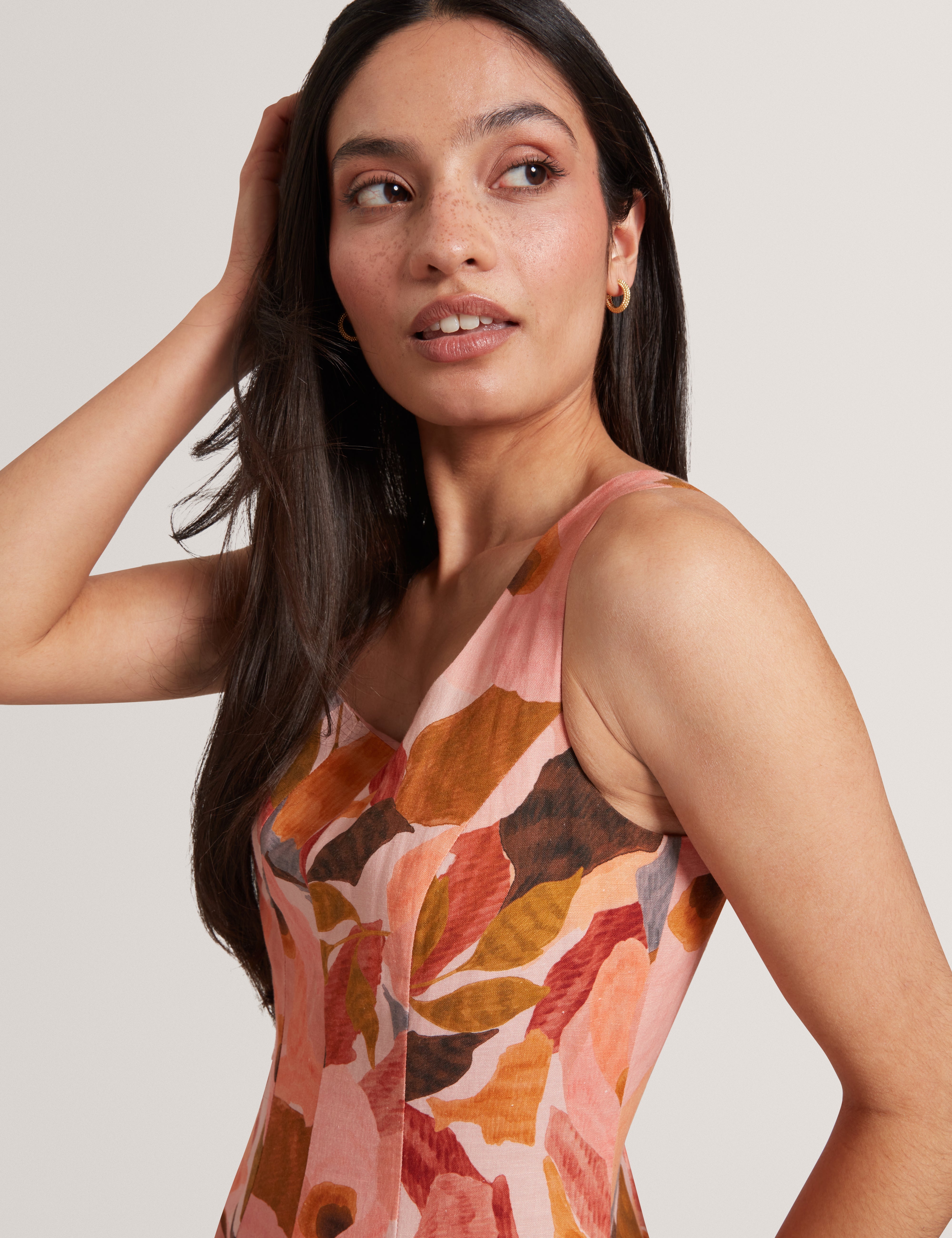 Shivana Printed Linen Blend Midi Dress Coral