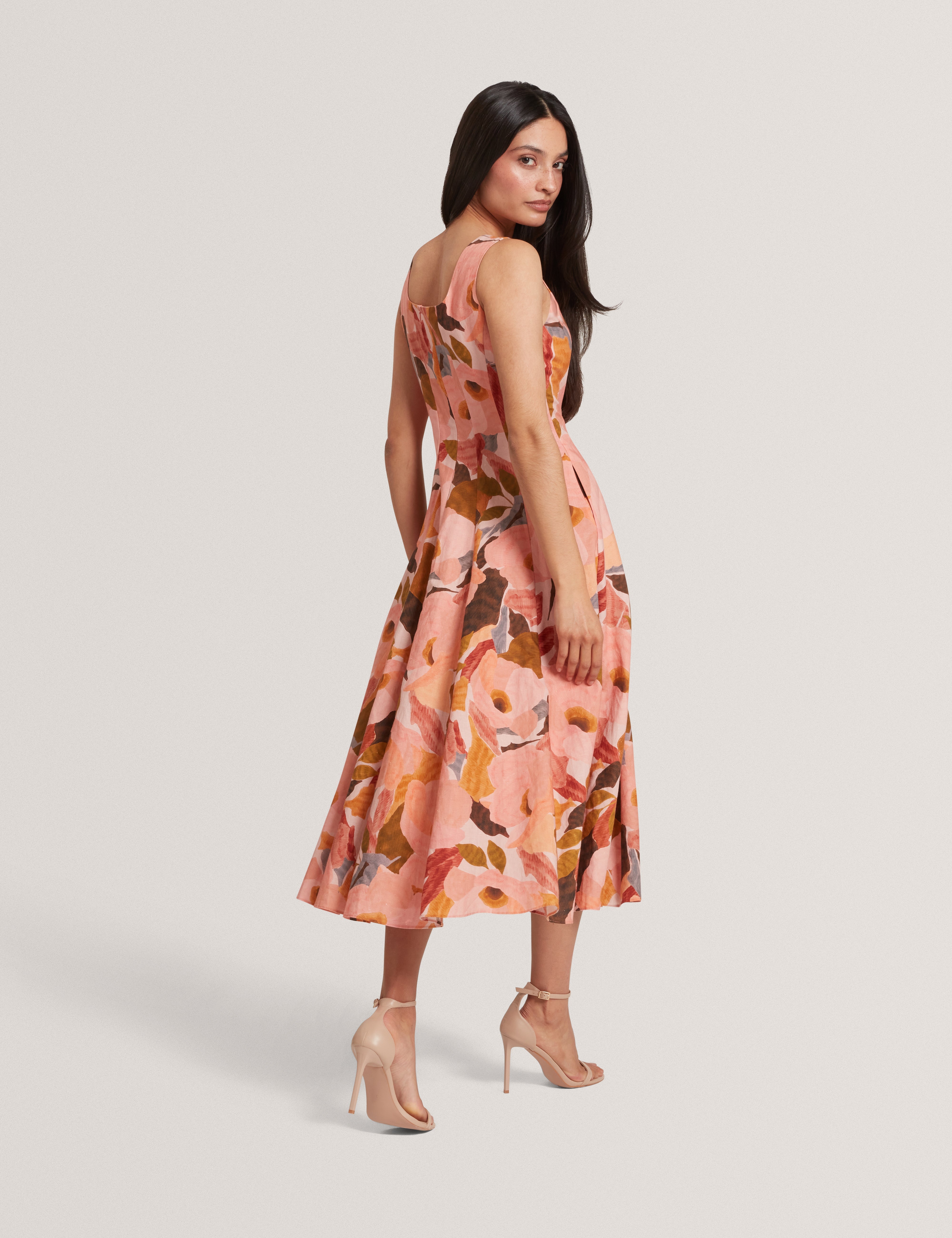 Shivana Printed Linen Blend Midi Dress Coral