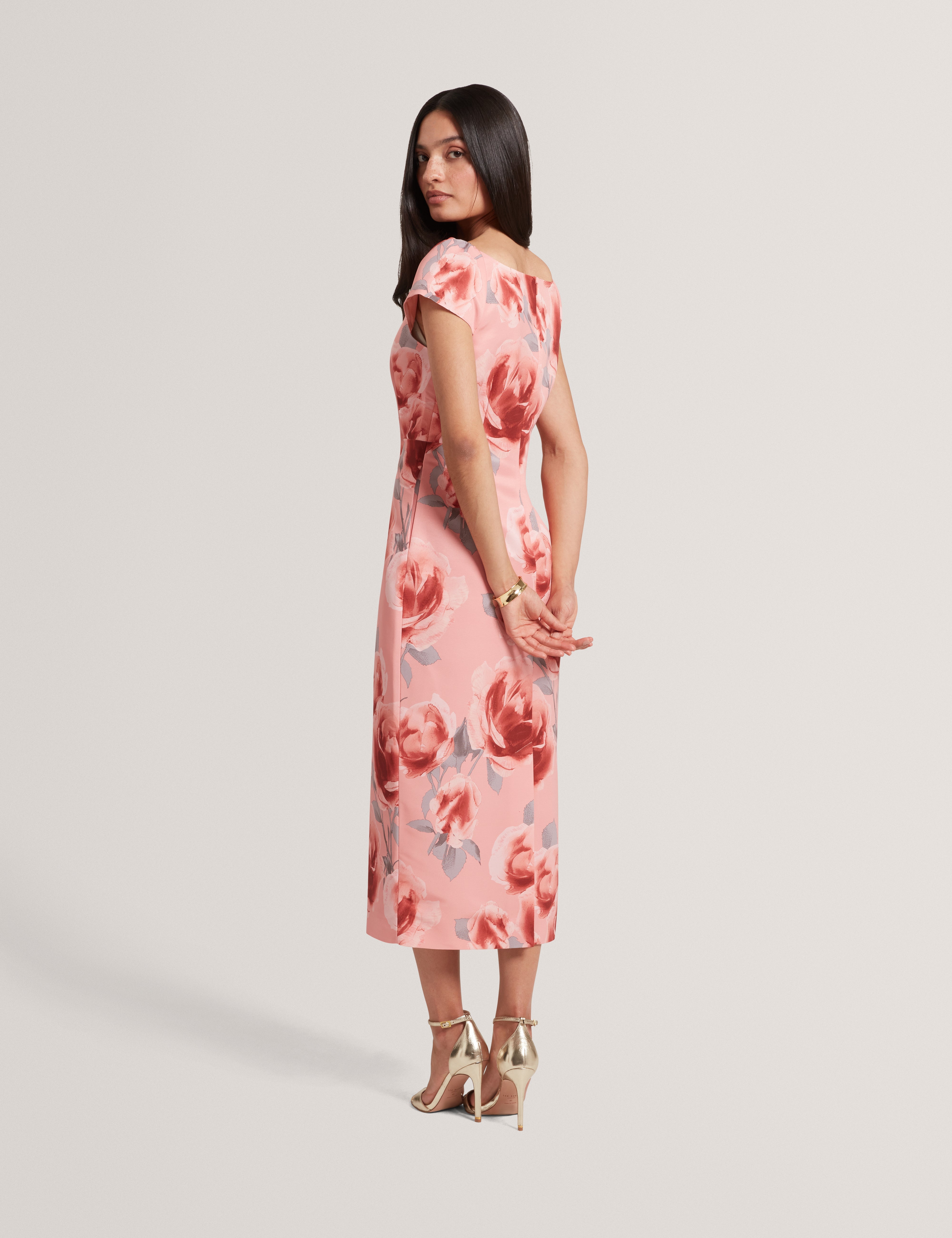 Odeta Printed Ottoman Midi Dress Coral