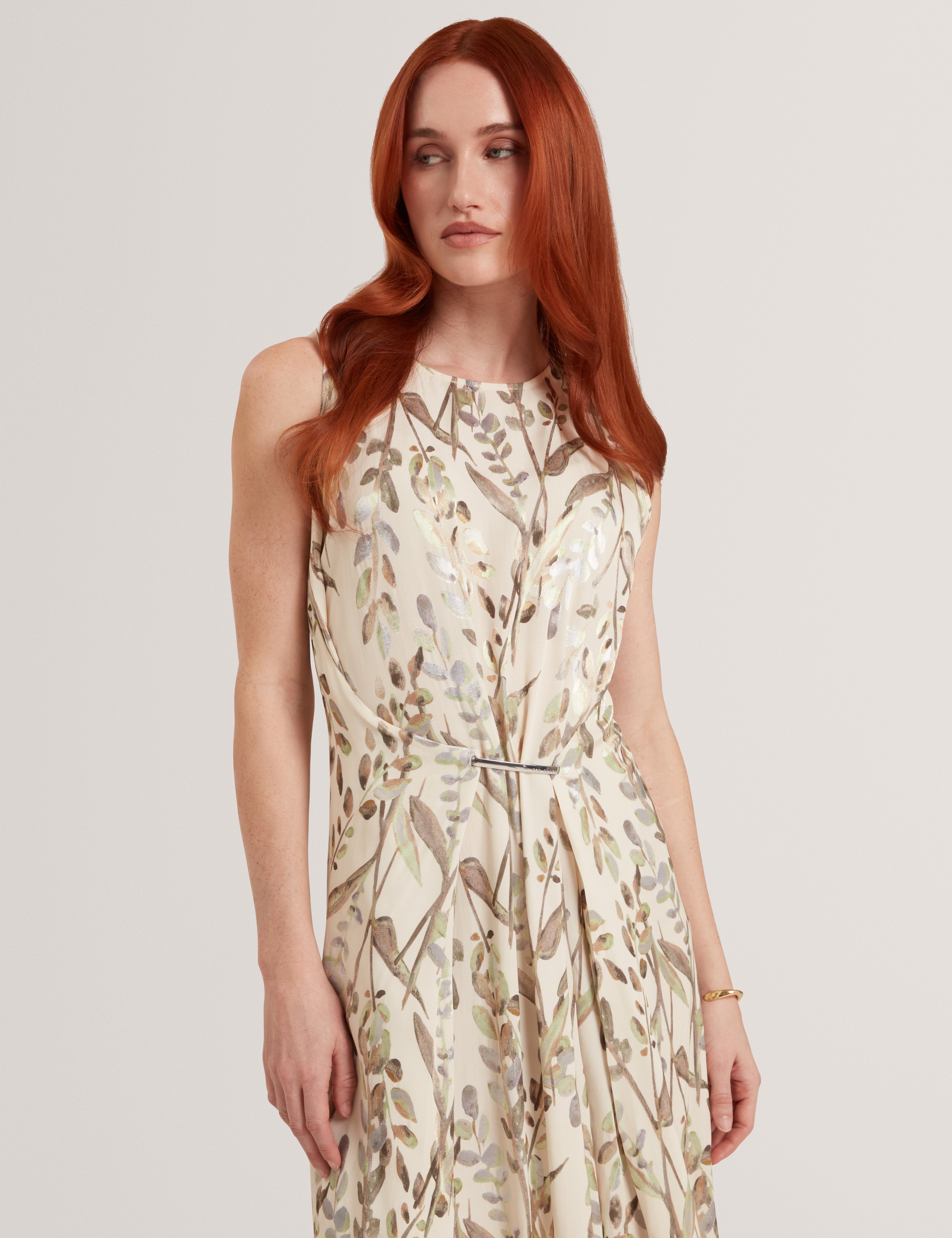 Pahloma Viscose Jacquard Bar Detail Midi Dress Natural