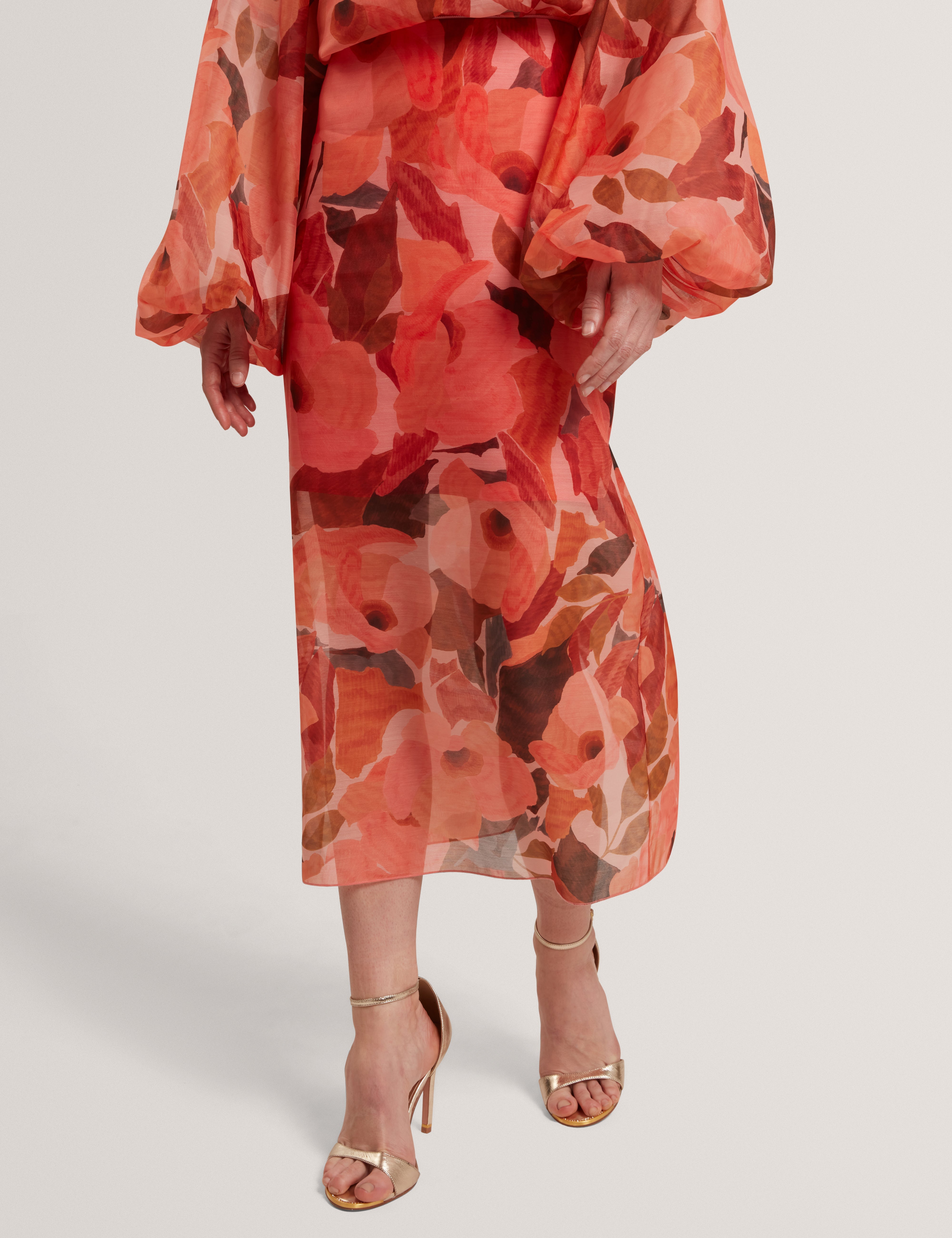 Saemie Printed Organza Overlay Midi Skirt Coral