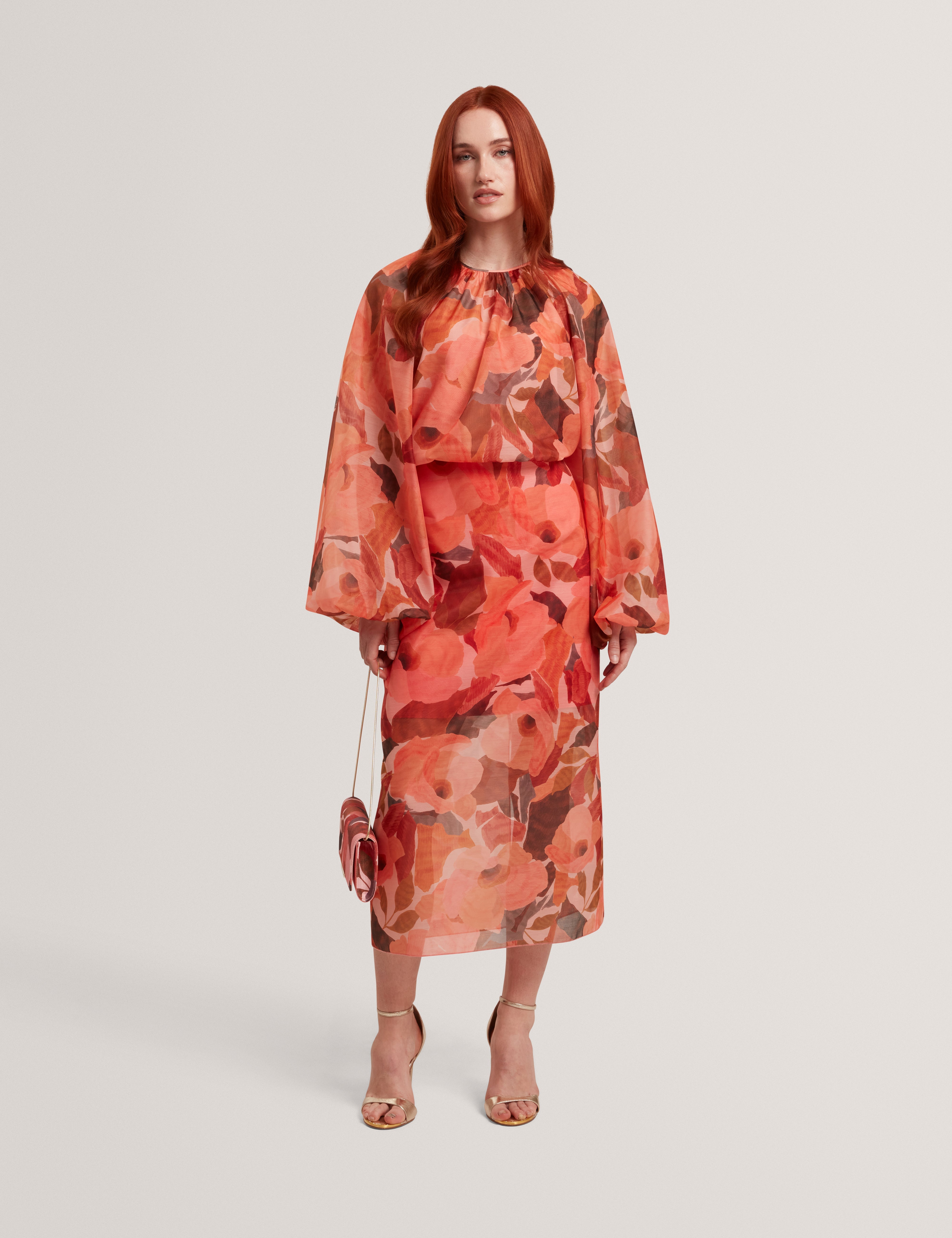 Saemie Printed Organza Overlay Midi Skirt Coral