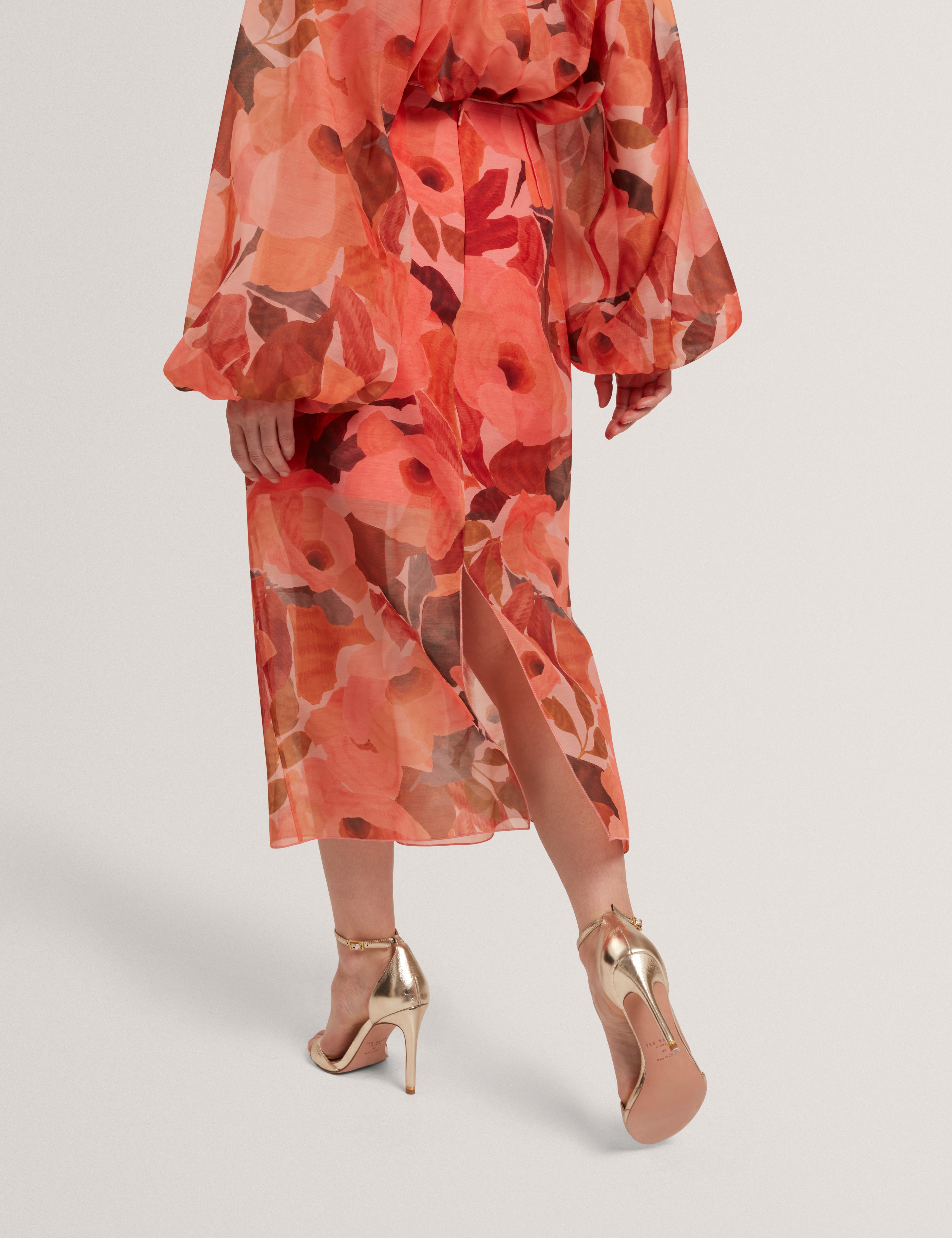 Saemie Printed Organza Overlay Midi Skirt Coral