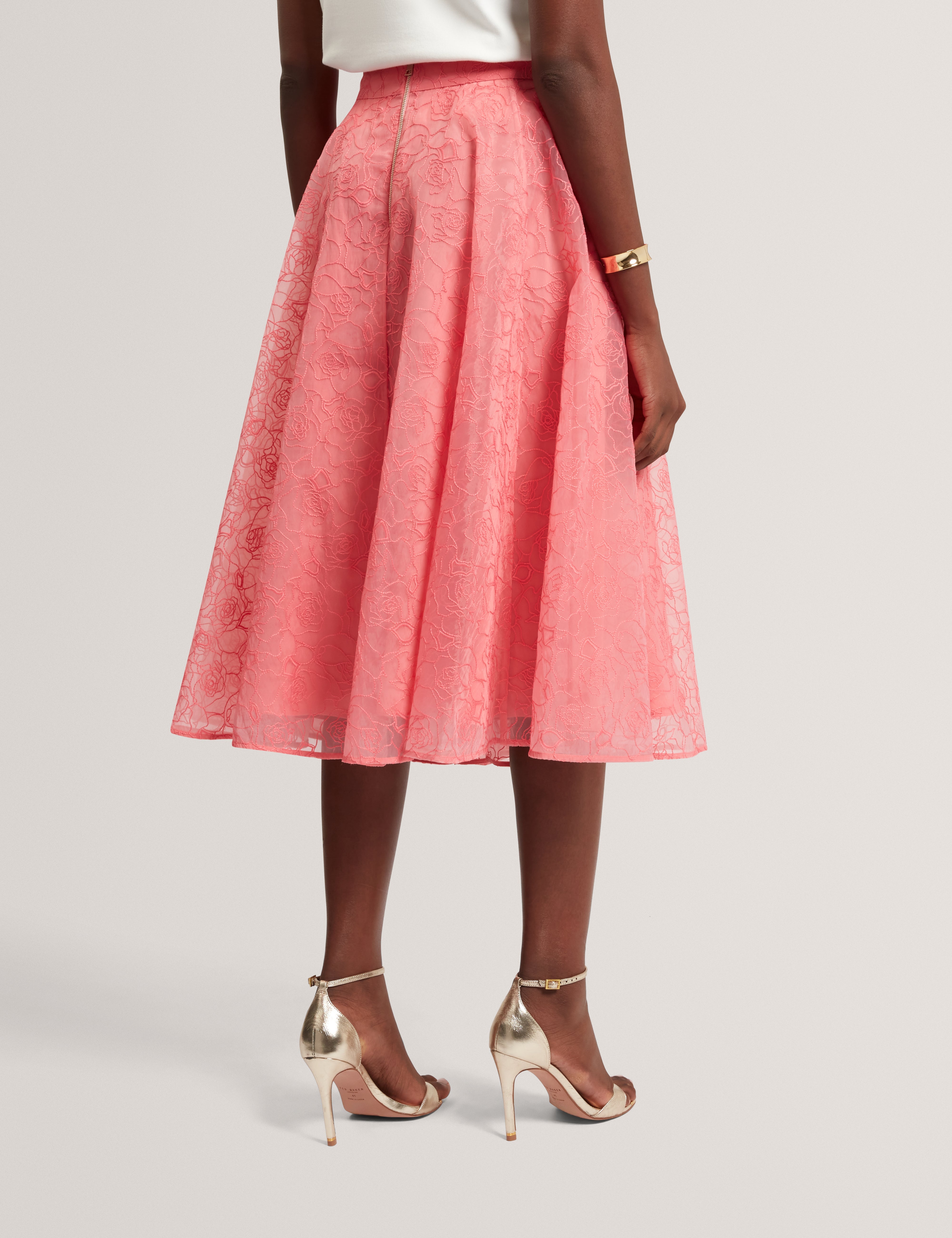 Krizie Embroidered Organza Midi Skirt Coral
