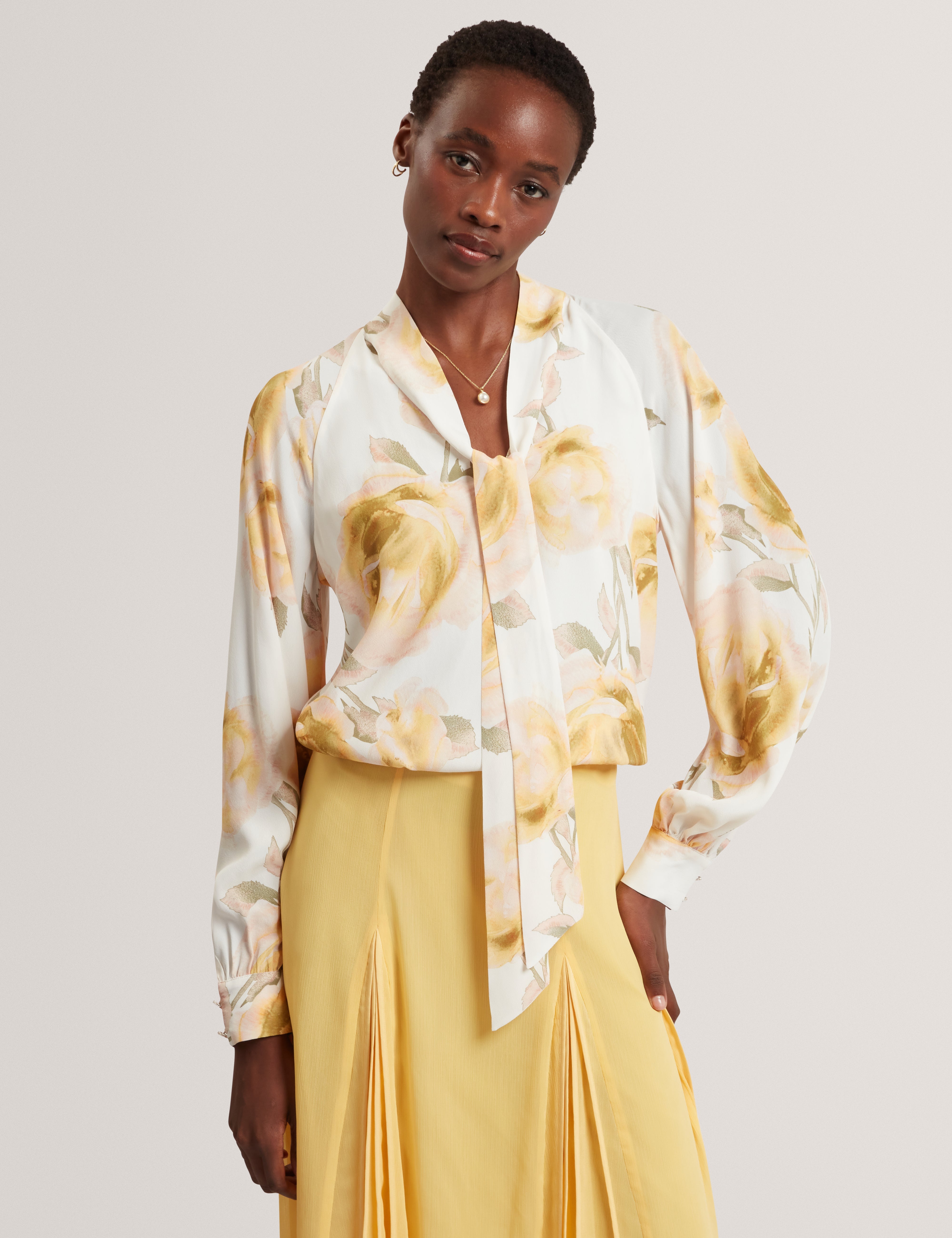 Randia Printed Tie Neck Long Sleeve Blouse Ivory