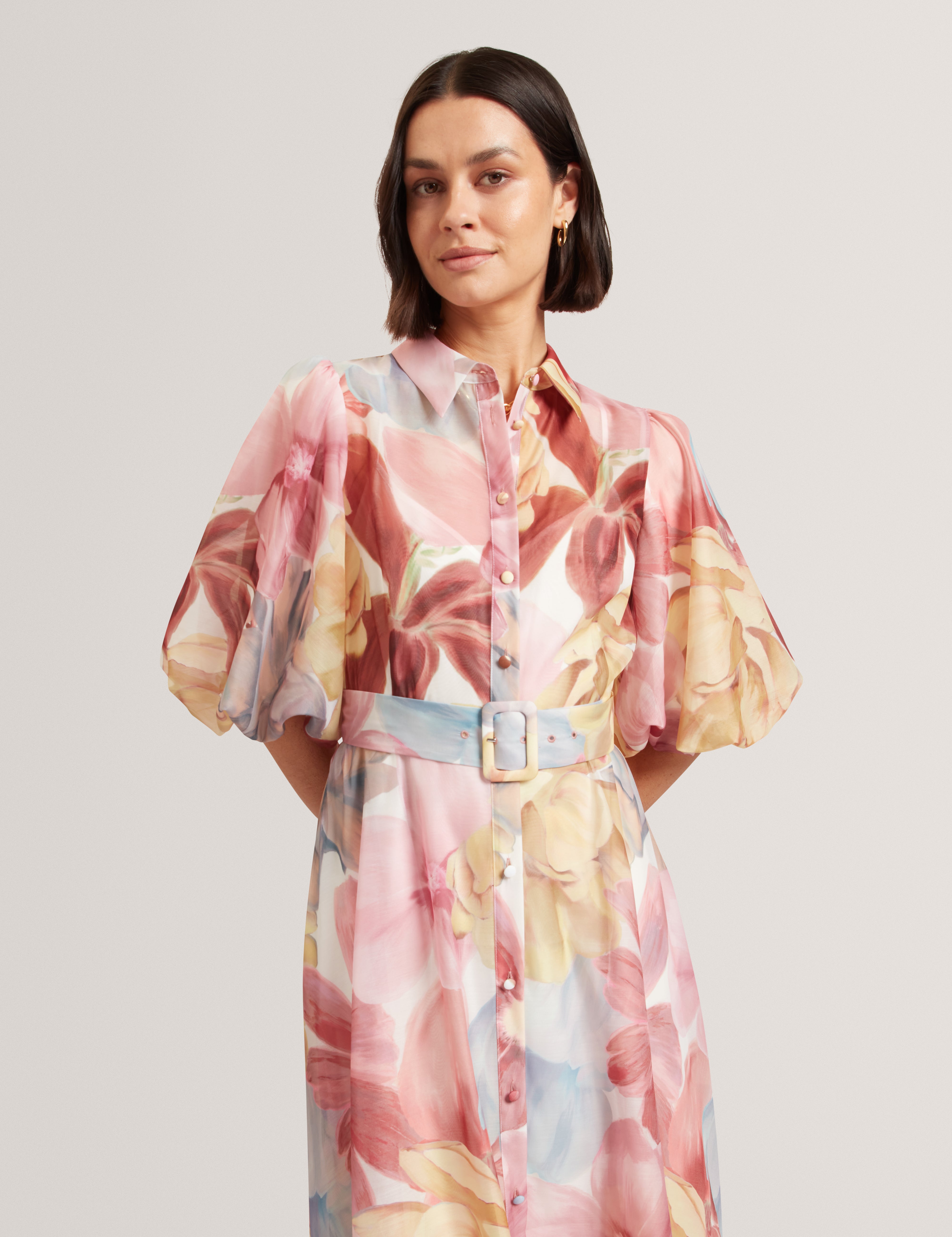 Solinee Puff Sleeve Floral Printed Midi Shirt Dress Ivory