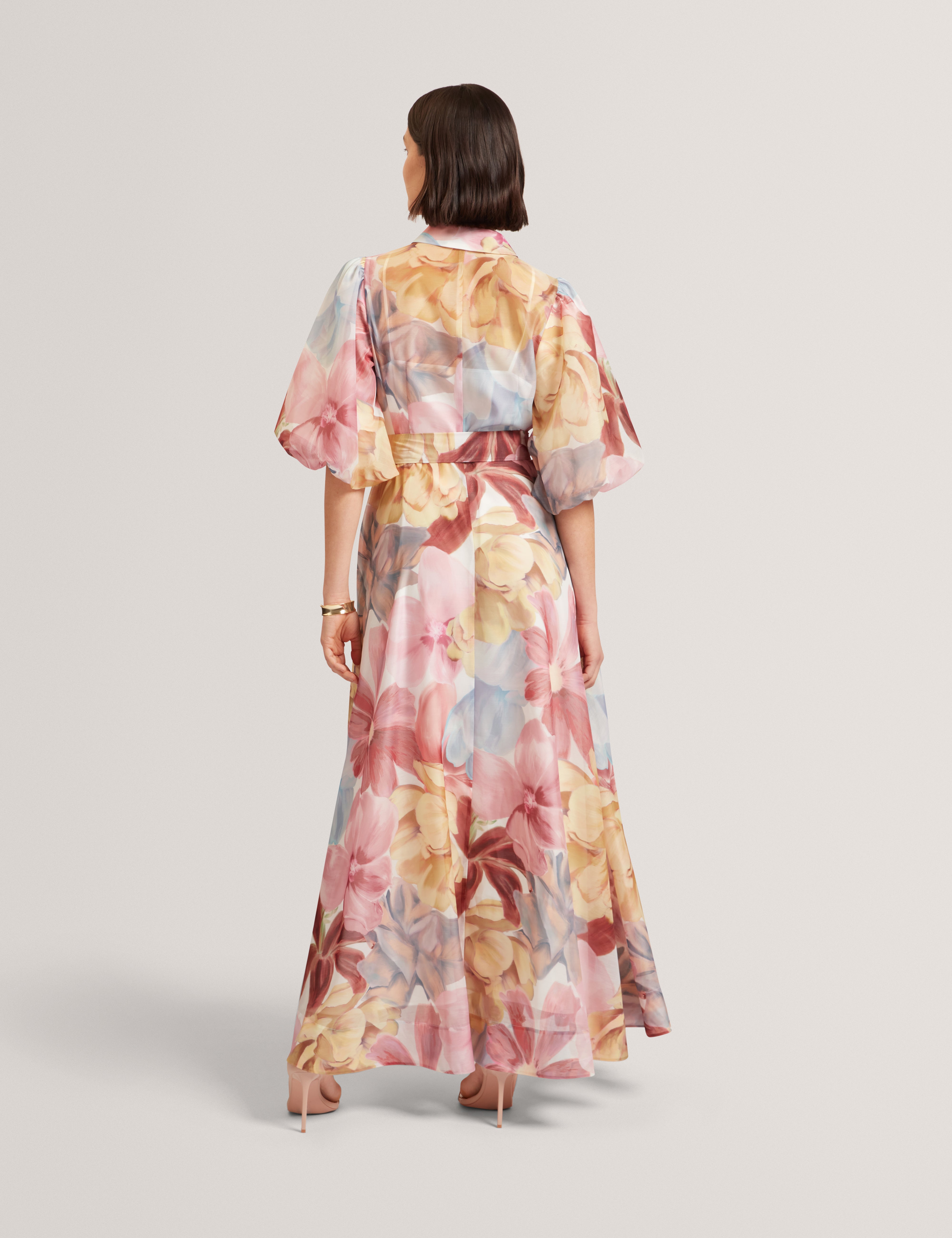 Solinee Puff Sleeve Floral Printed Midi Shirt Dress Ivory