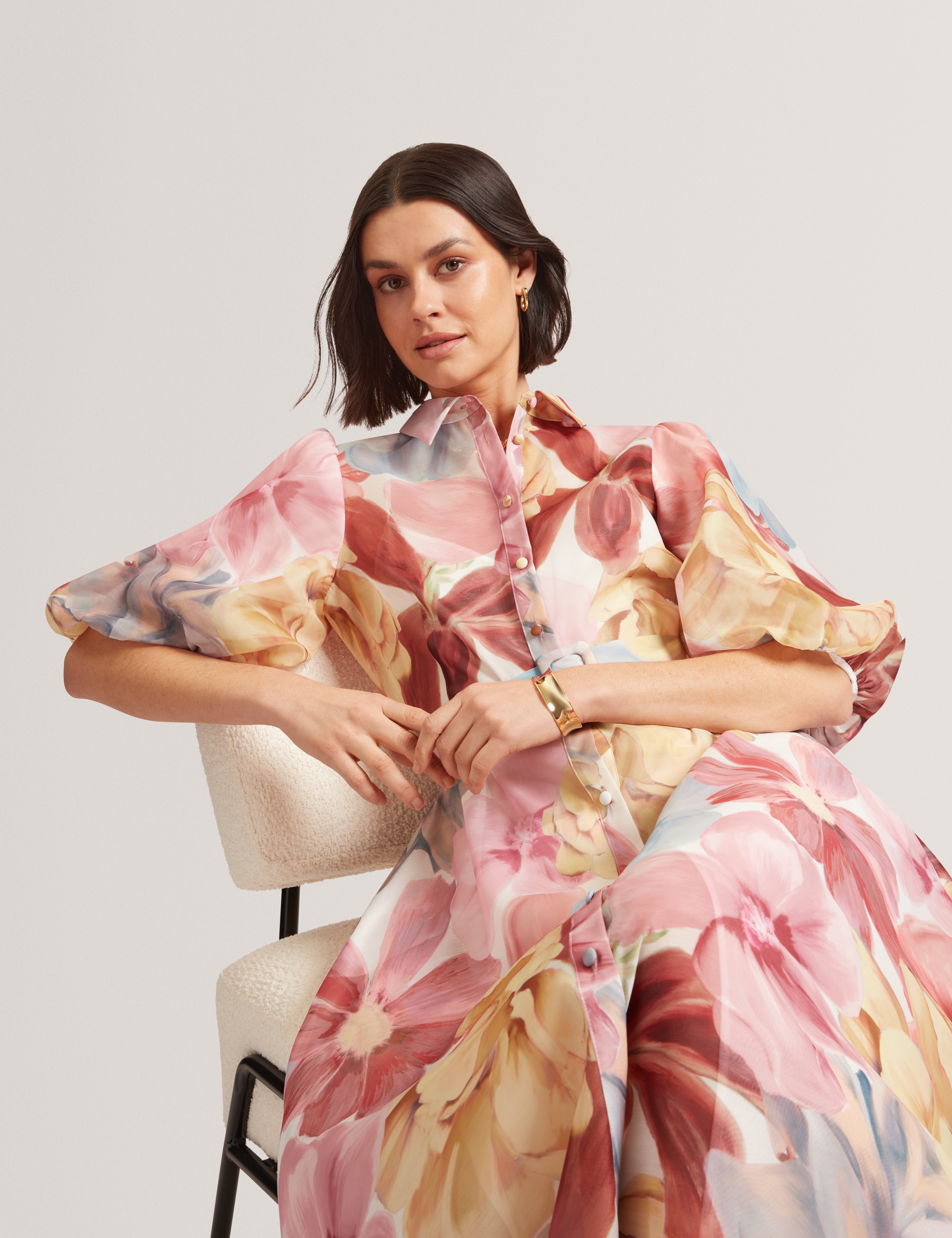 Solinee Puff Sleeve Floral Printed Midi Shirt Dress Ivory