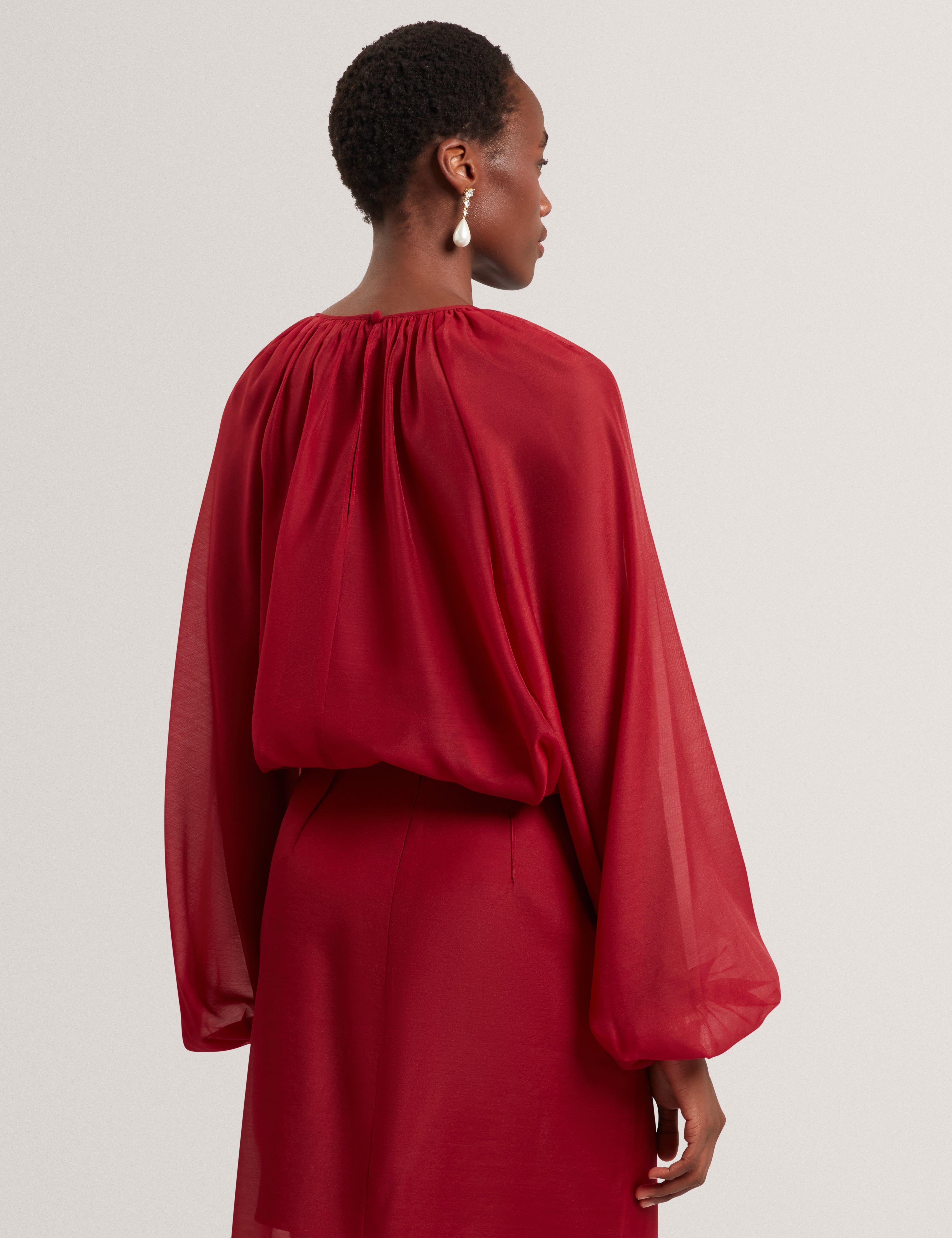 Eelana Puff Sleeve Blouse With Organza Overlay Dk-Red