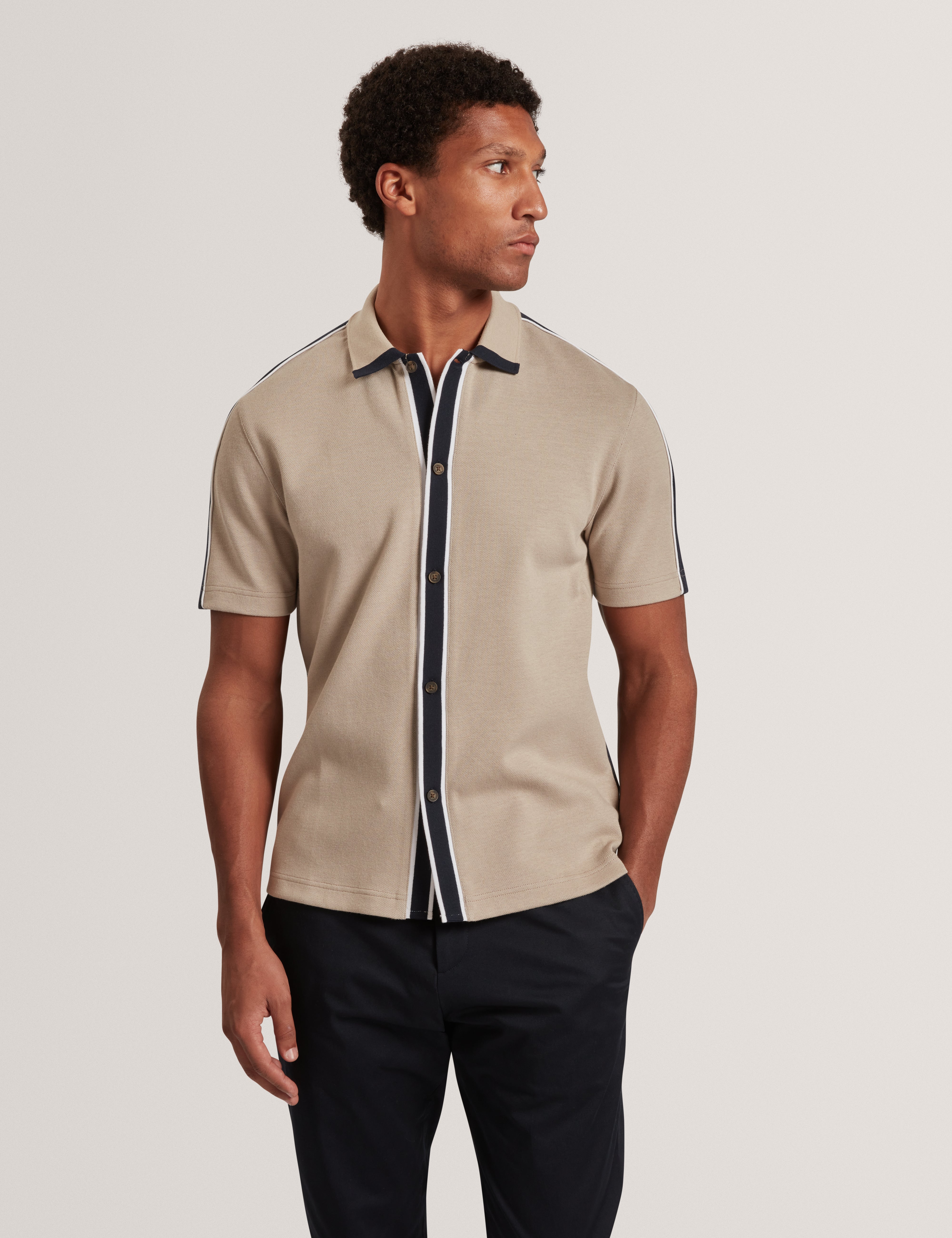 Tirvin Short Sleeve Two-Tone Button Through Polo Taupe