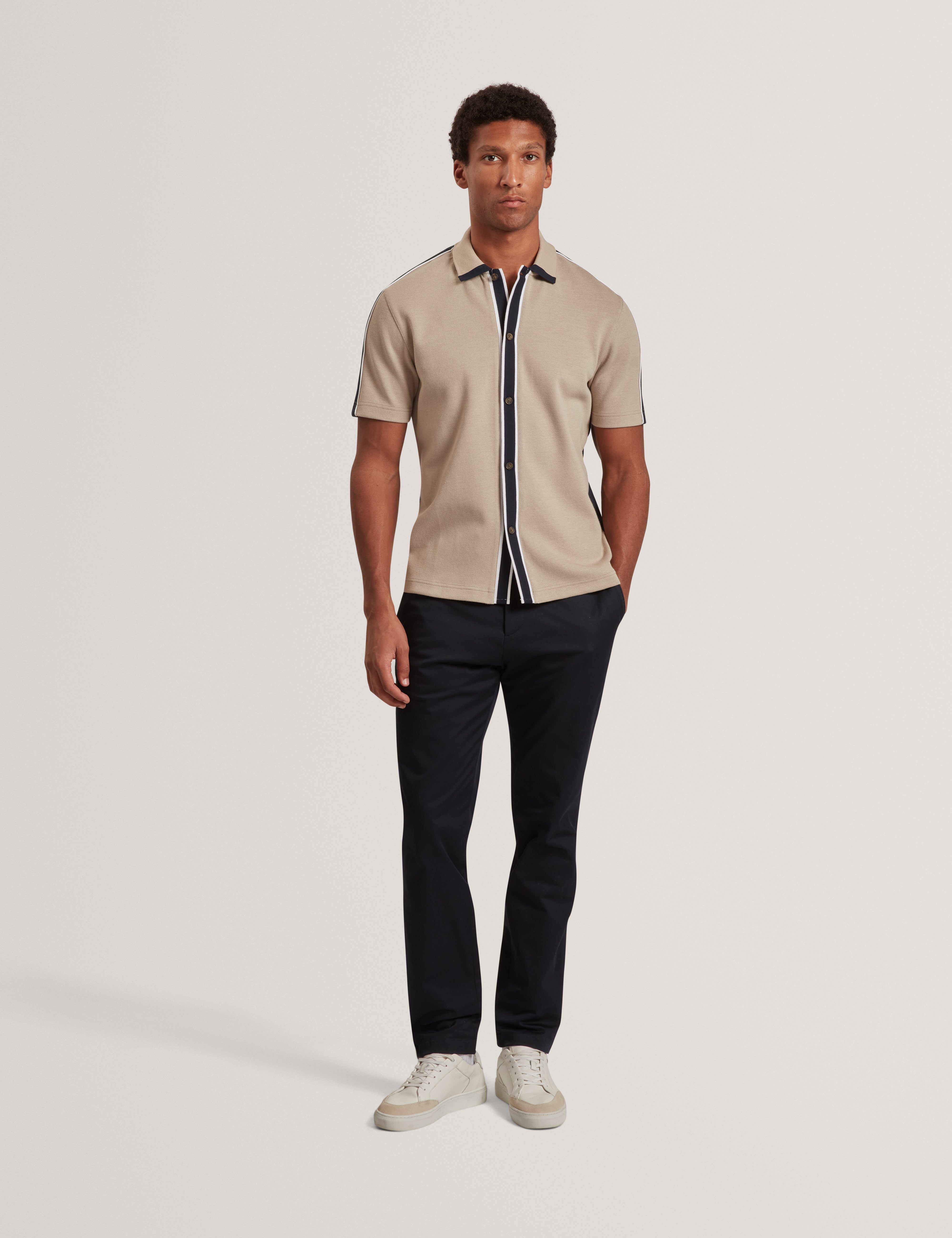 Tirvin Short Sleeve Two-Tone Button Through Polo Taupe