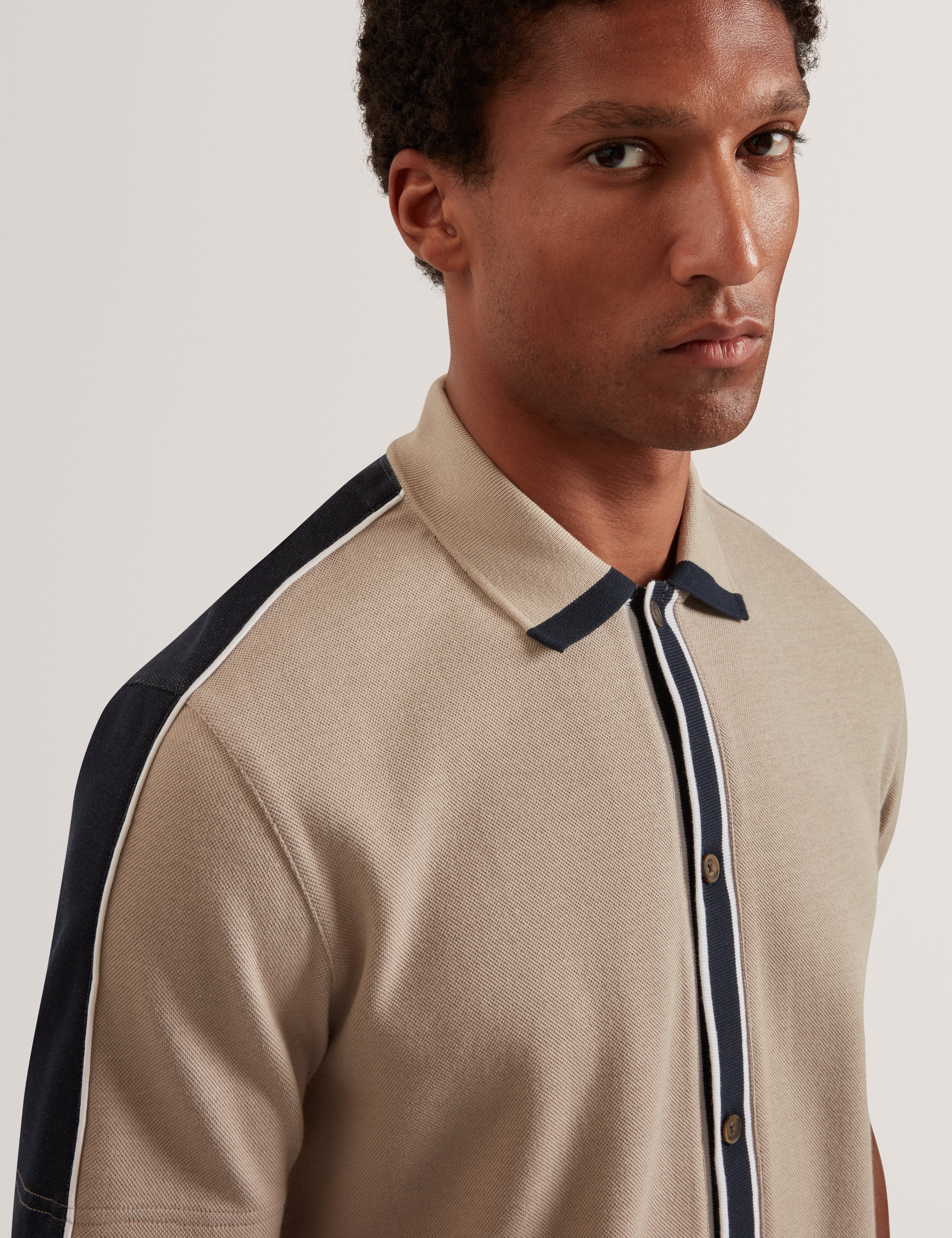 Tirvin Short Sleeve Two-Tone Button Through Polo Taupe
