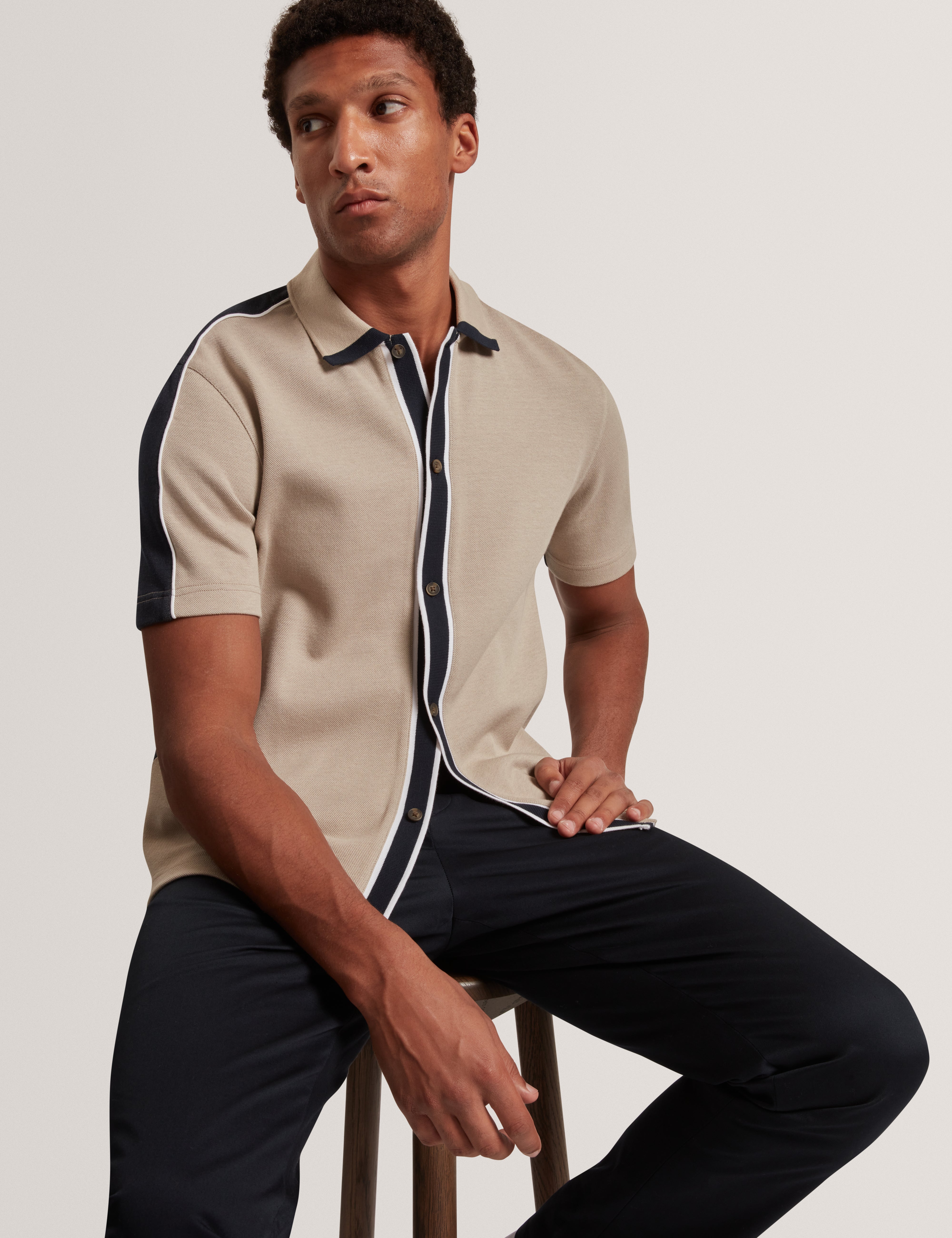 Tirvin Short Sleeve Two-Tone Button Through Polo Taupe
