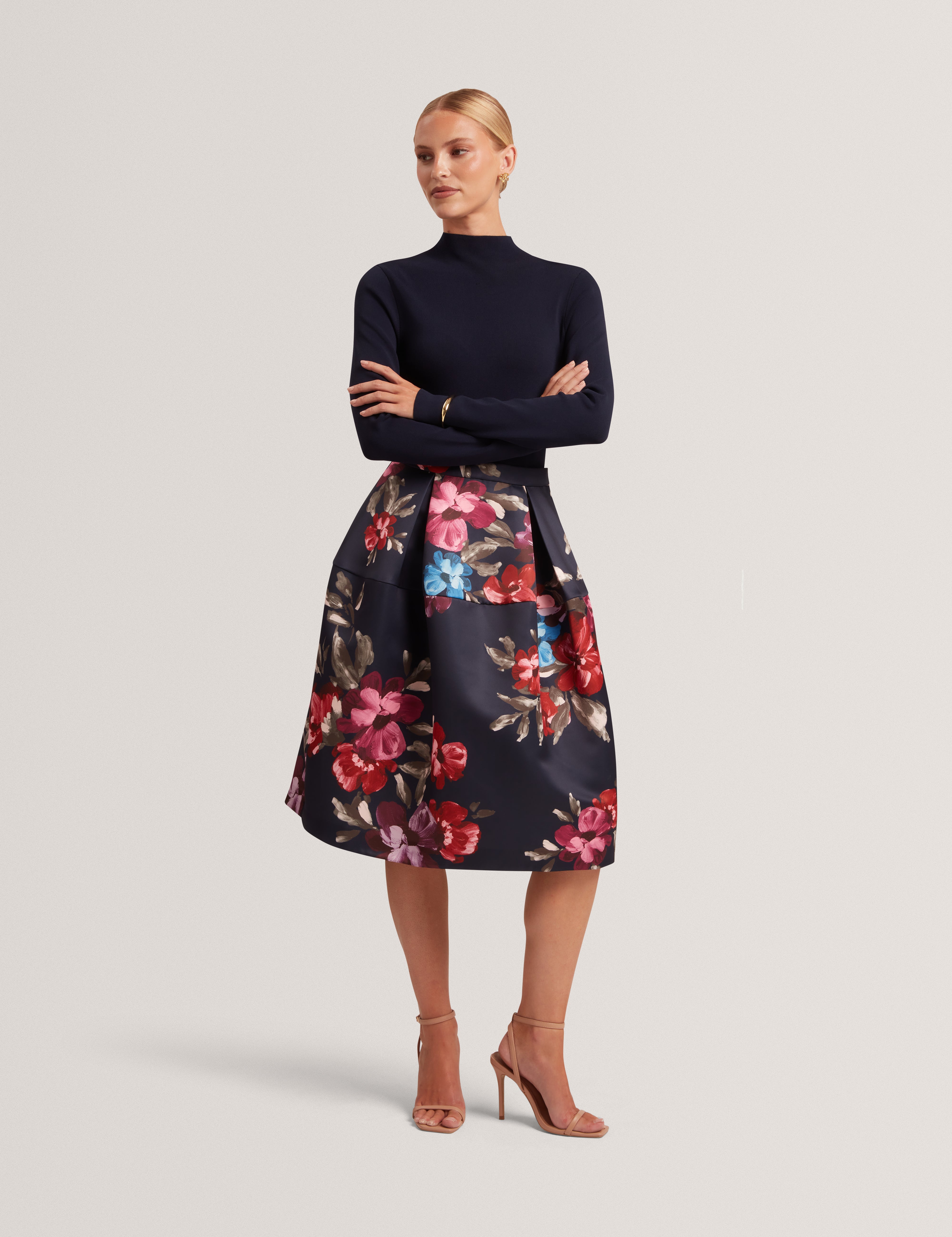 Elarra Midi Dress With Printed Ottoman Navy