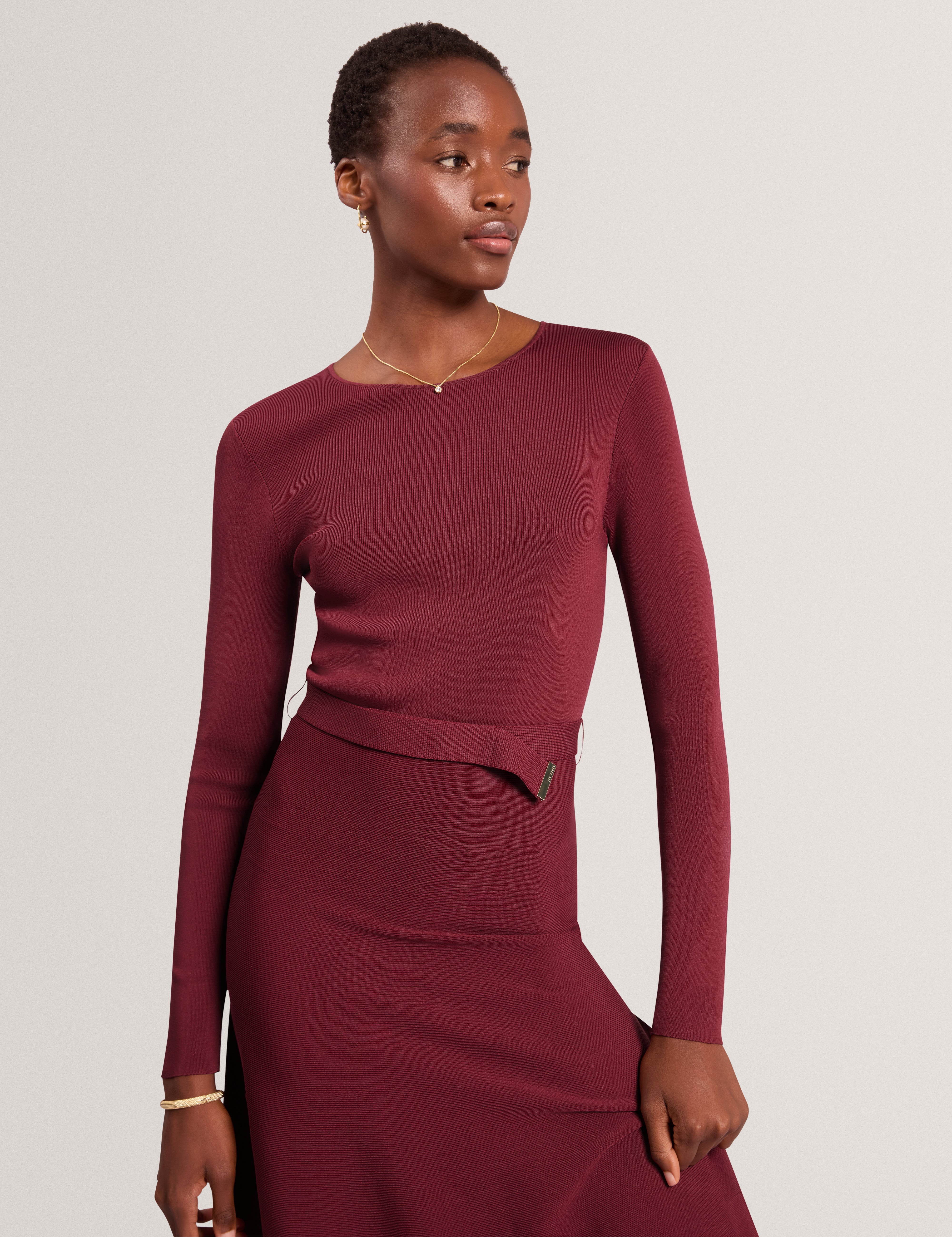 Talmah Long Sleeve Belted Knitted Midi Dress Maroon