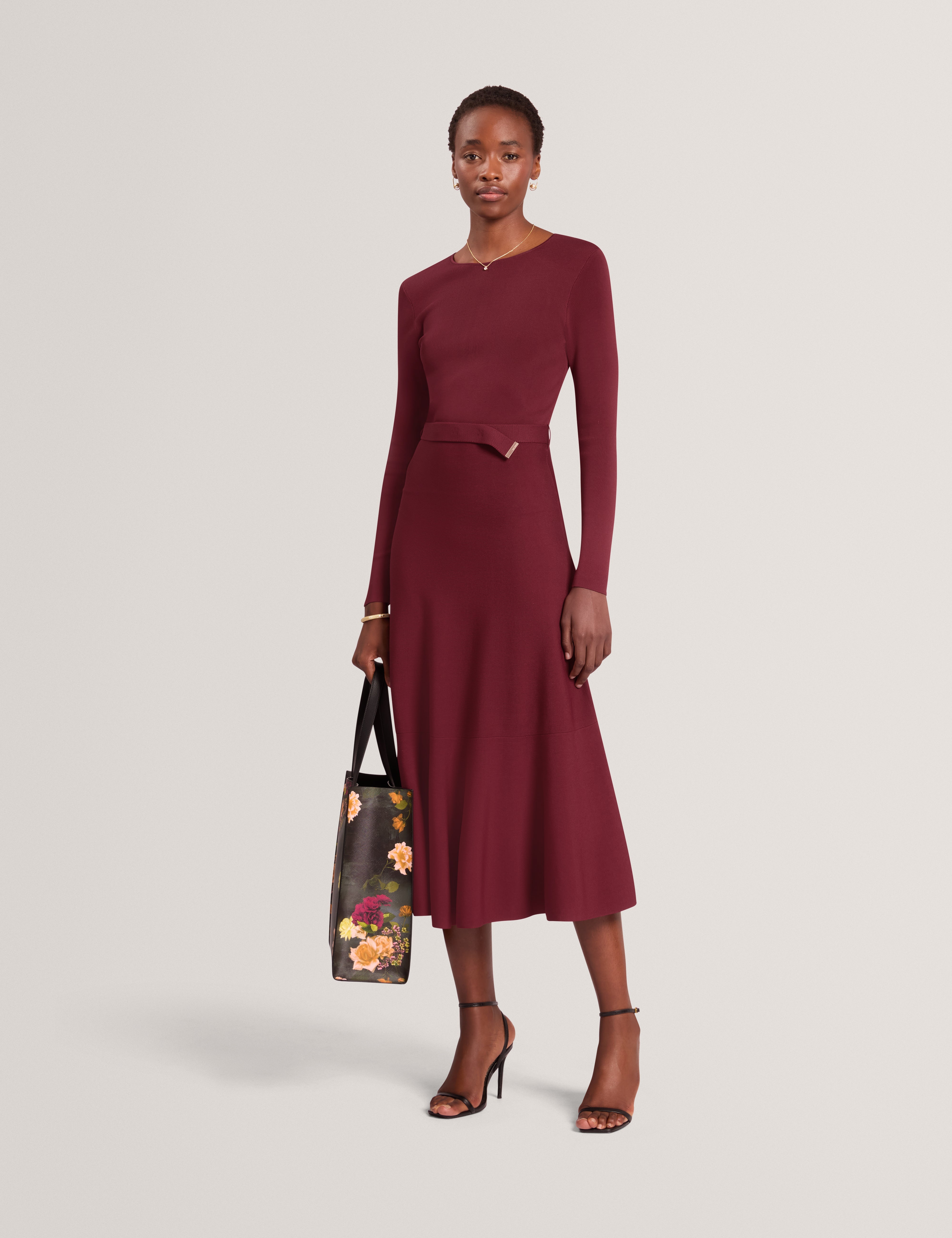 Talmah Long Sleeve Belted Knitted Midi Dress Maroon
