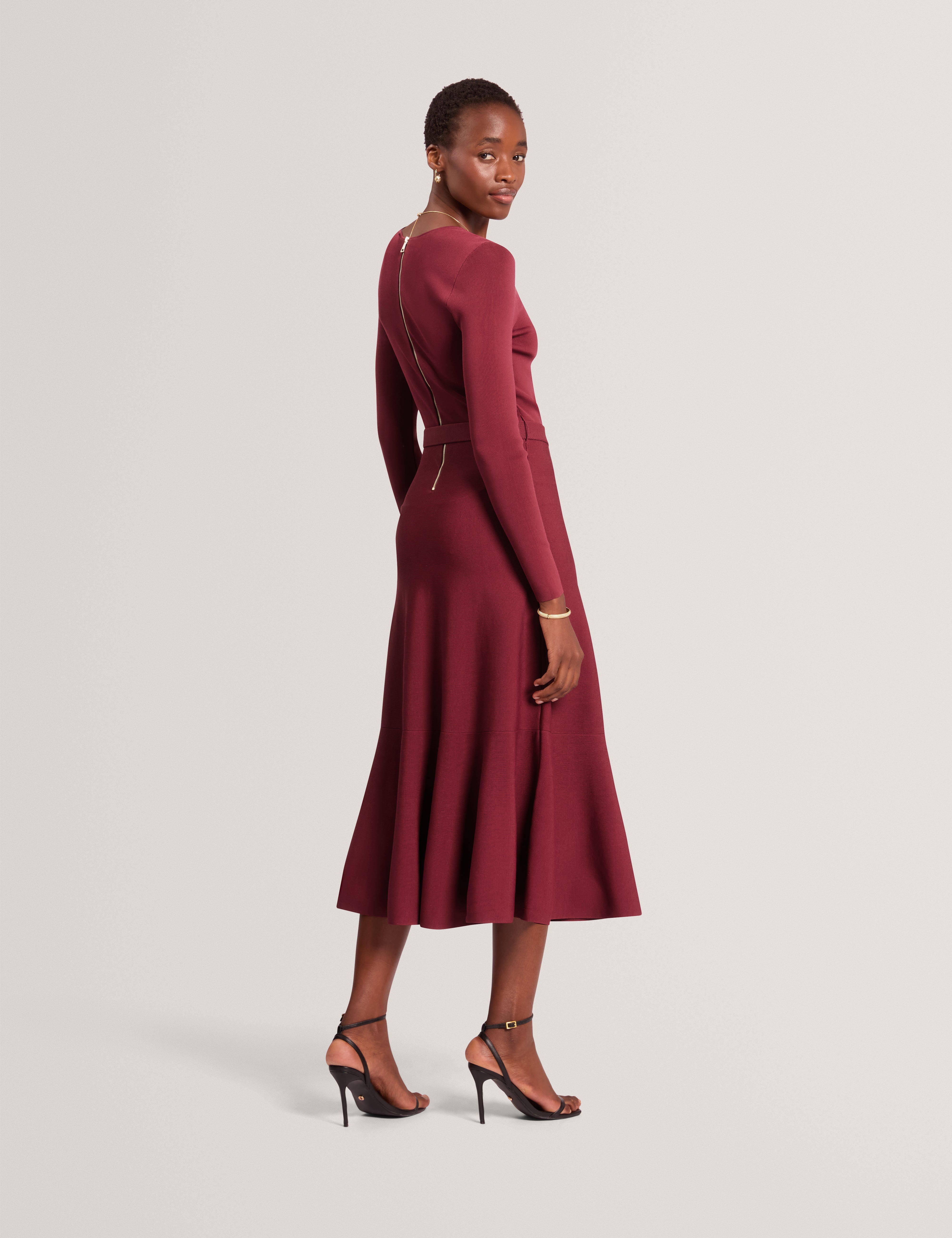Talmah Long Sleeve Belted Knitted Midi Dress Maroon