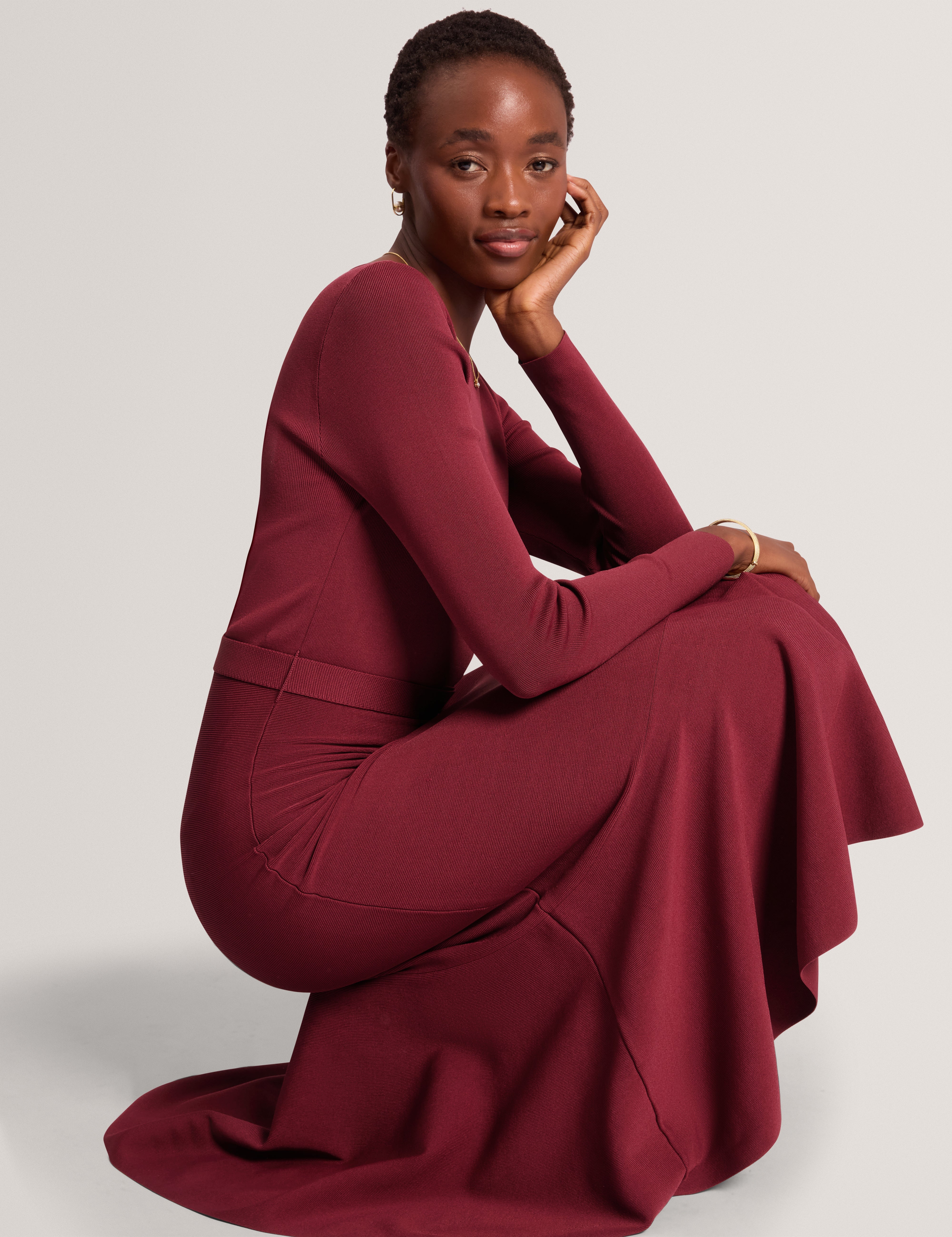 Talmah Long Sleeve Belted Knitted Midi Dress Maroon