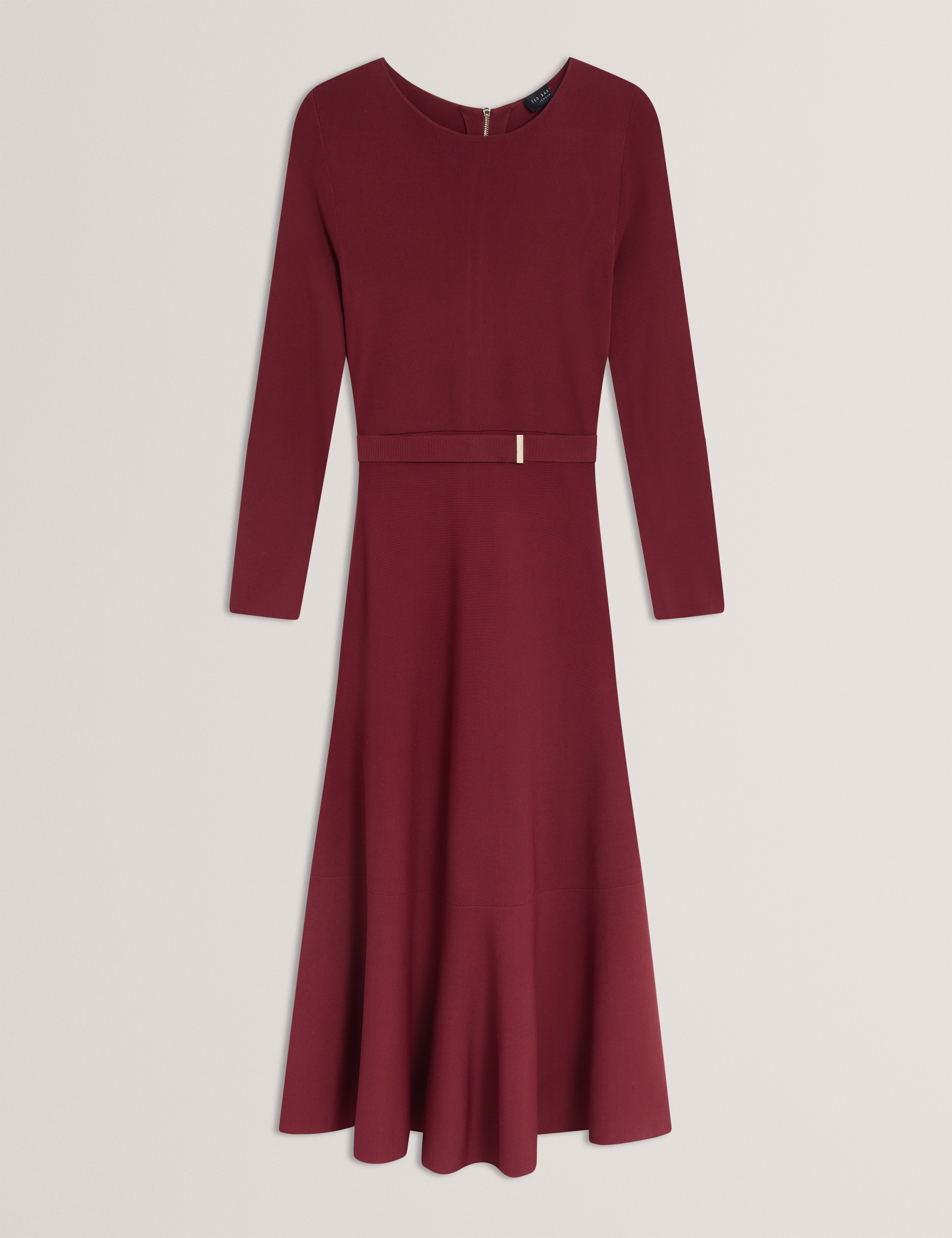 Talmah Long Sleeve Belted Knitted Midi Dress Maroon