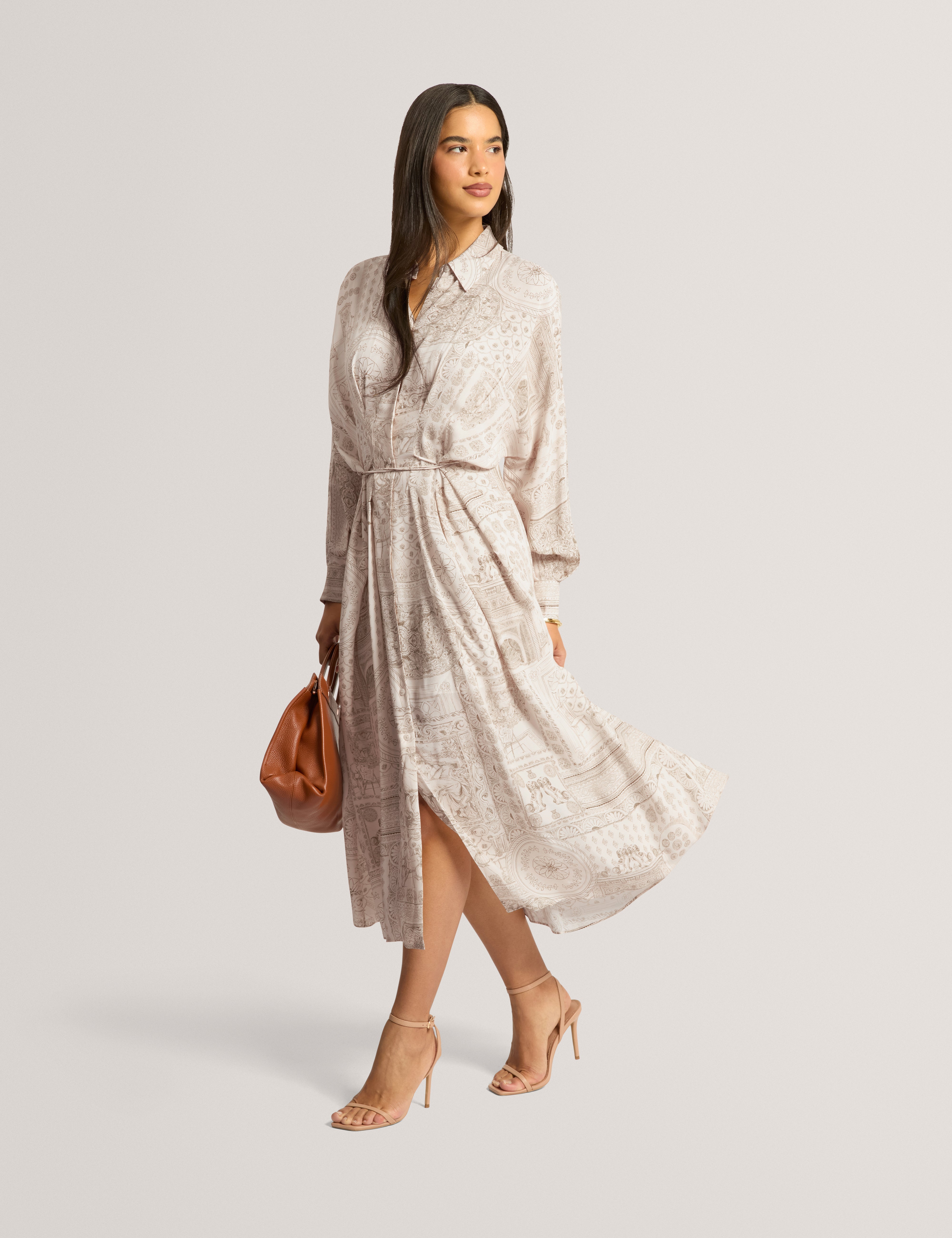 Khasia Printed Midi Shirt Dress Lt-Grey