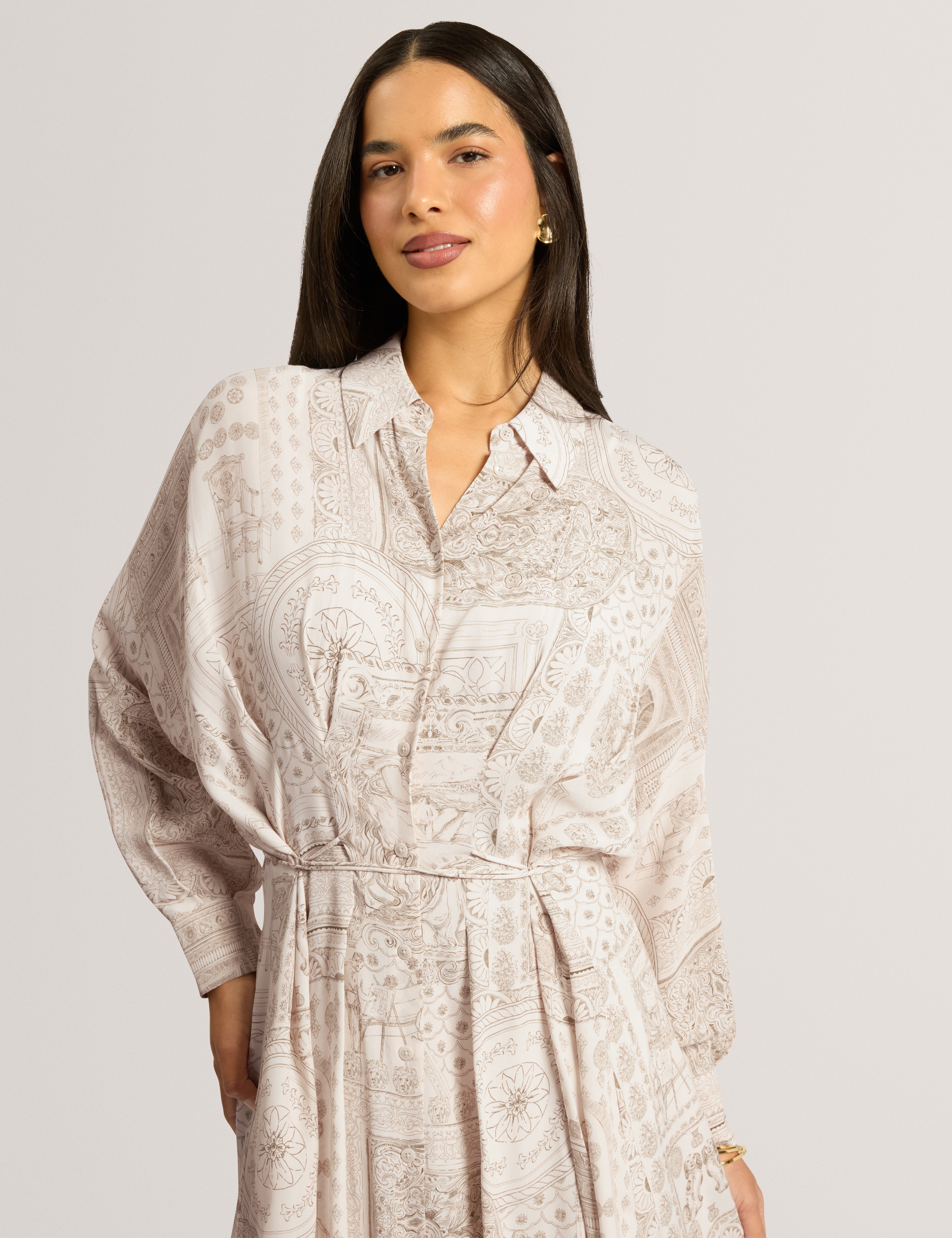 Khasia Printed Midi Shirt Dress Lt-Grey