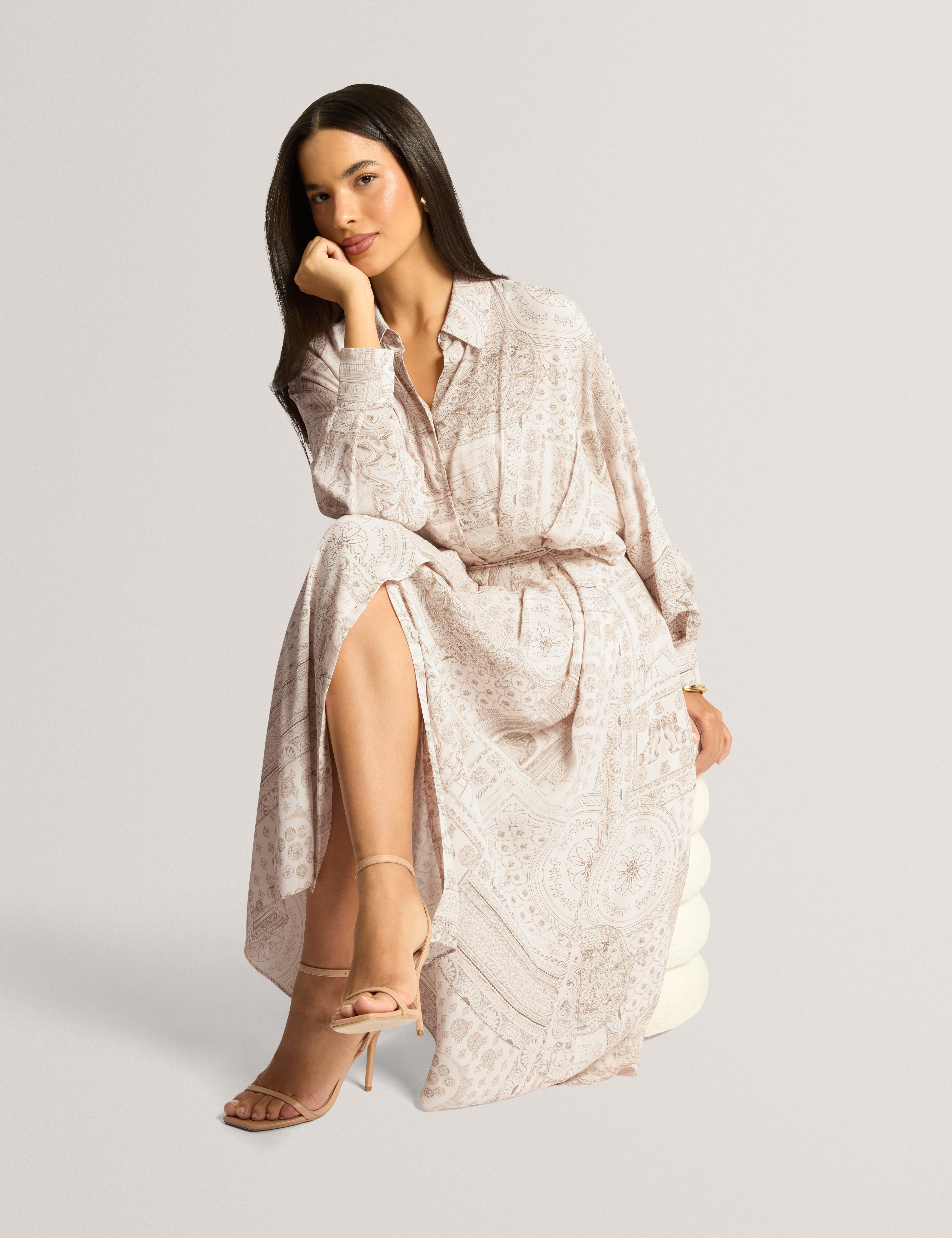 Khasia Printed Midi Shirt Dress Lt-Grey