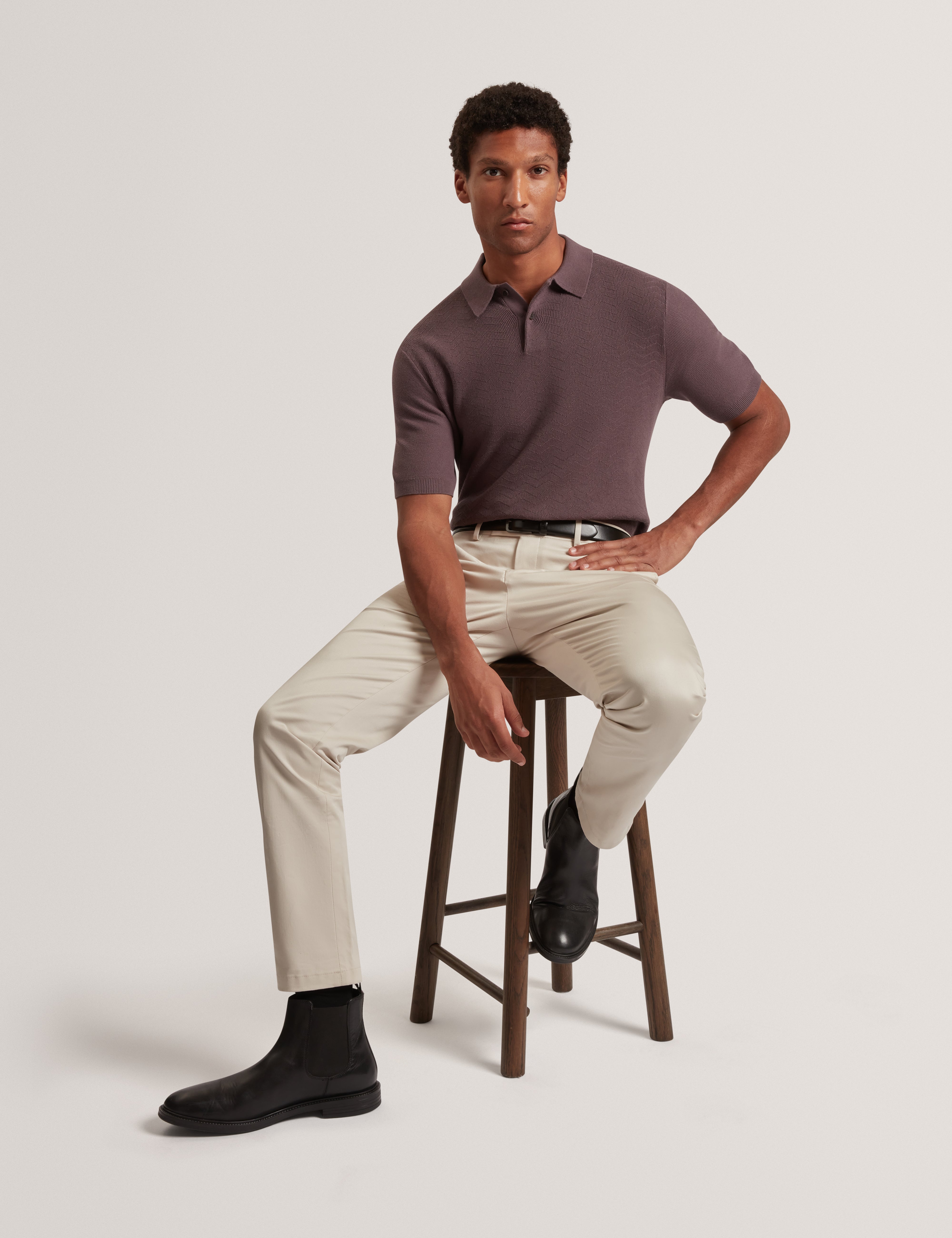 Hamels Short Sleeve Mixed Stitch Button Polo Dk-Brown