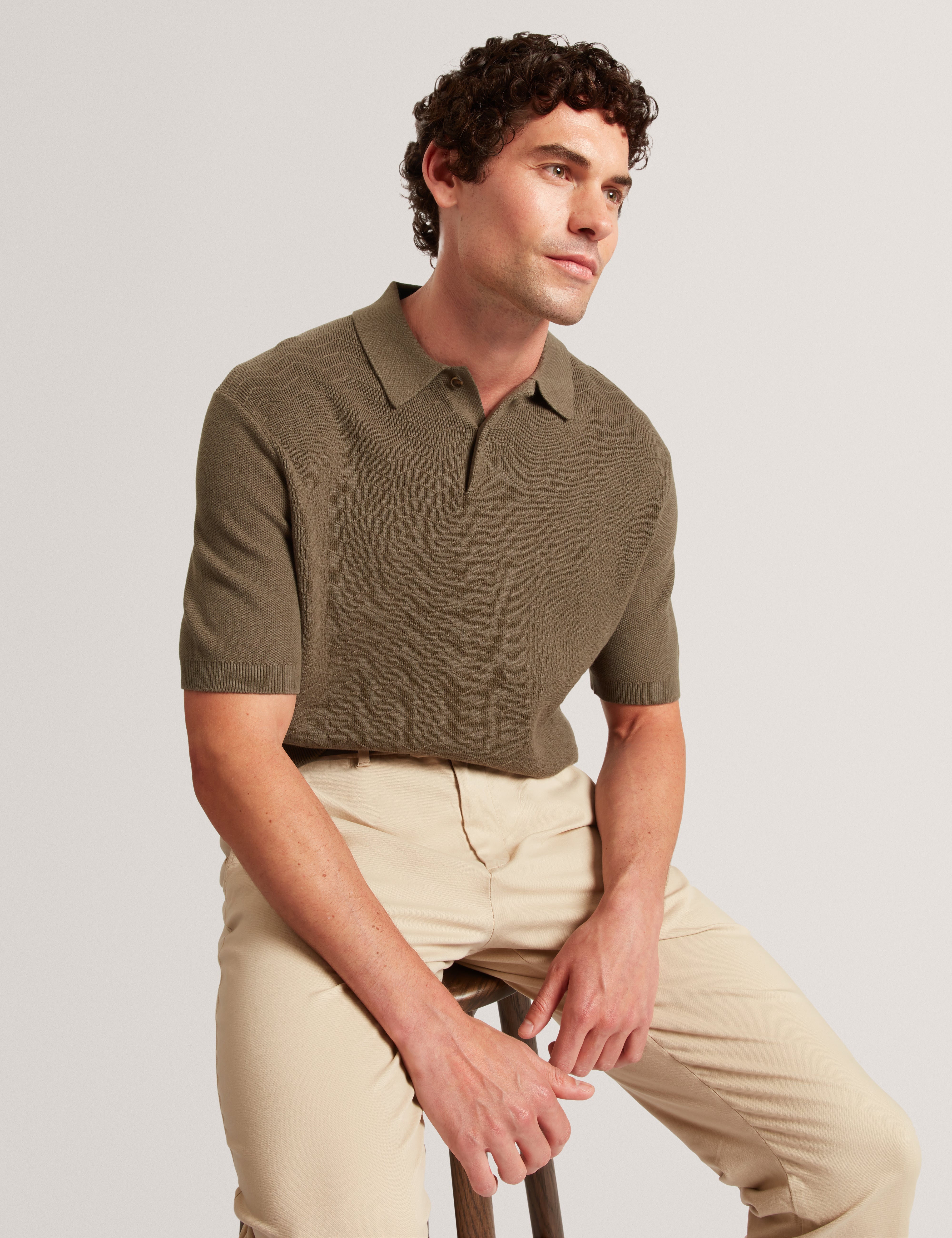 Hamels Short Sleeve Mixed Stitch Button Polo Olive
