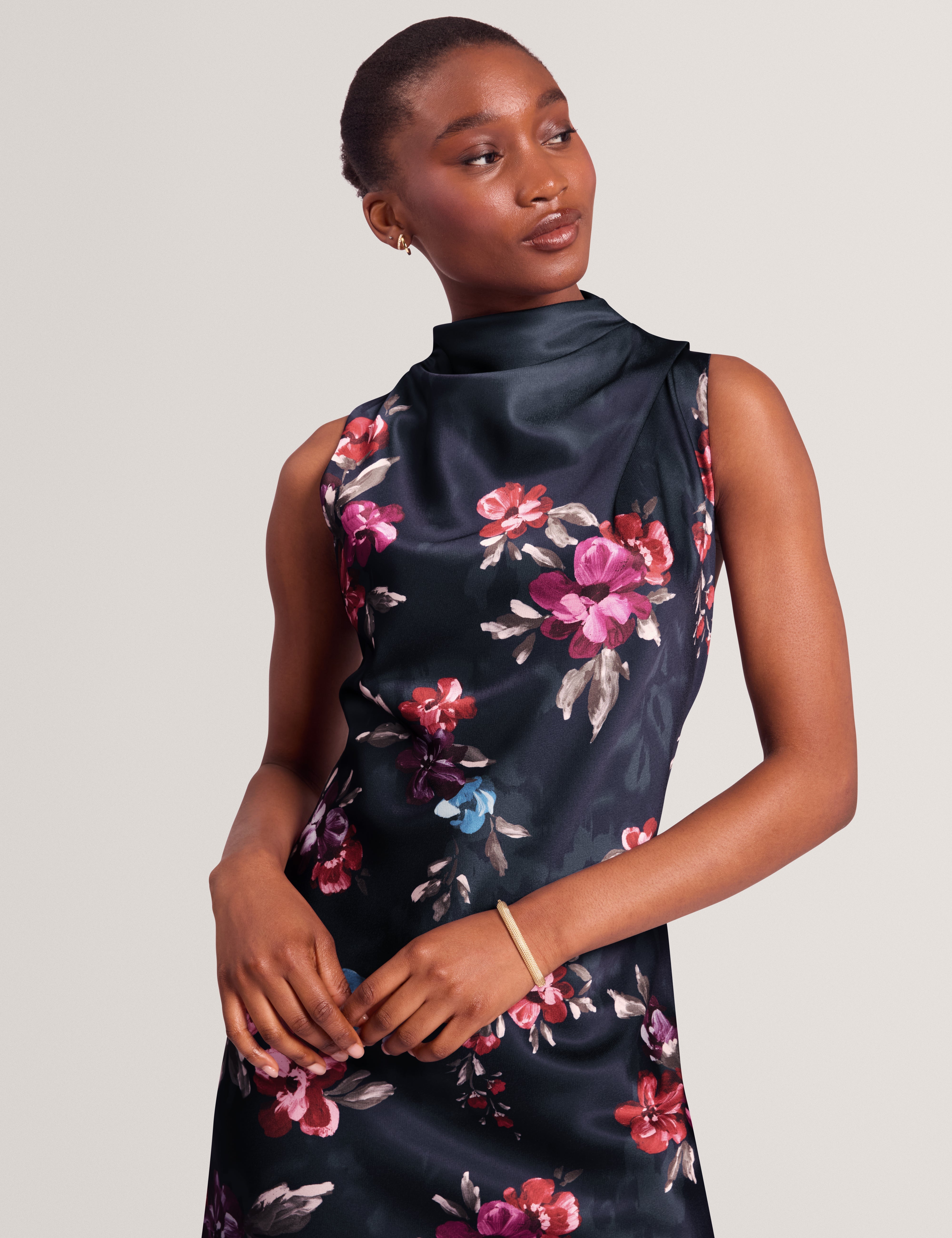 Wickla Floral Printed Drape Neck Midi Dress Navy