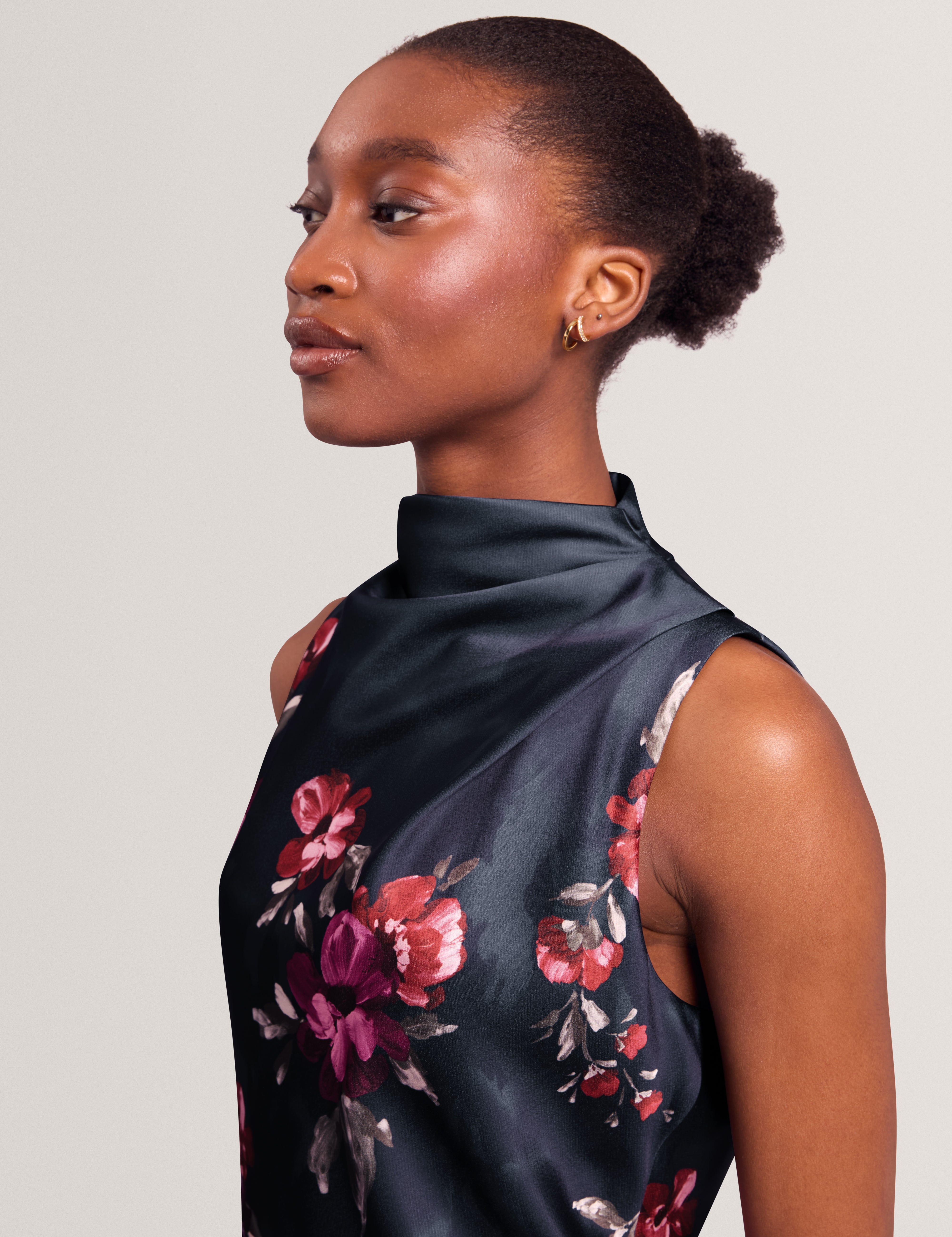 Wickla Floral Printed Drape Neck Midi Dress Navy