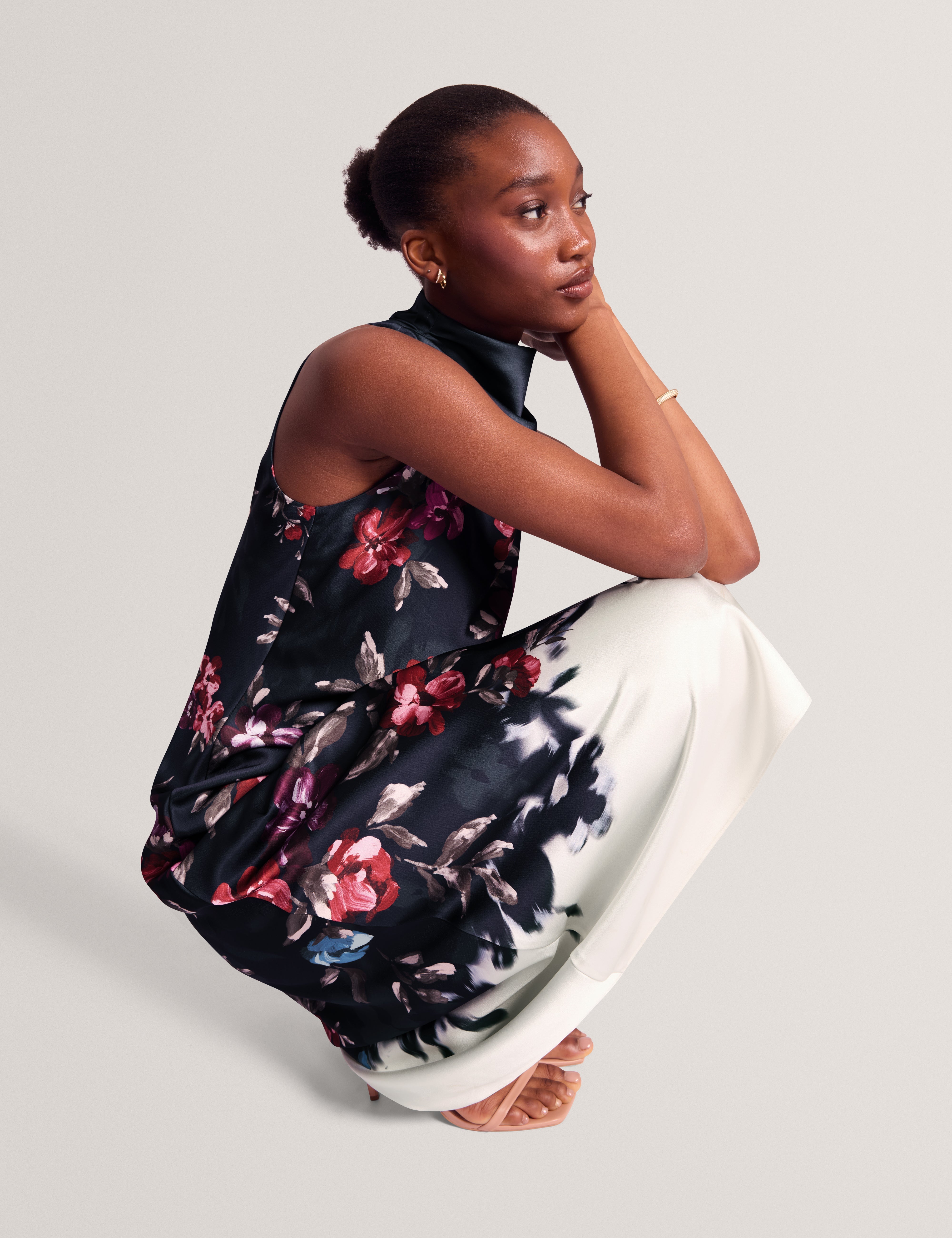 Wickla Floral Printed Drape Neck Midi Dress Navy