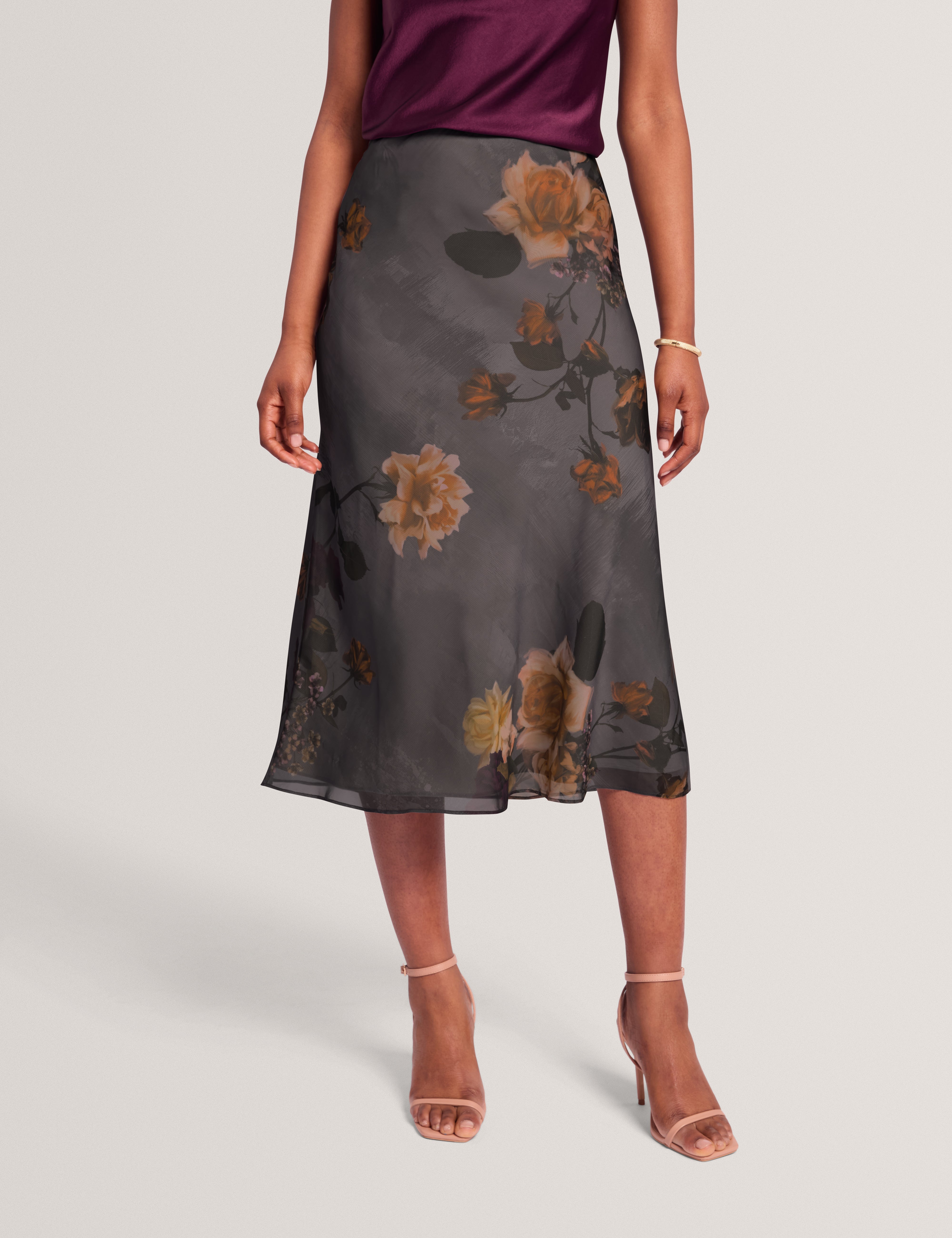 Ancela Printed Chiffon Midi Slip Skirt Dk-Grey