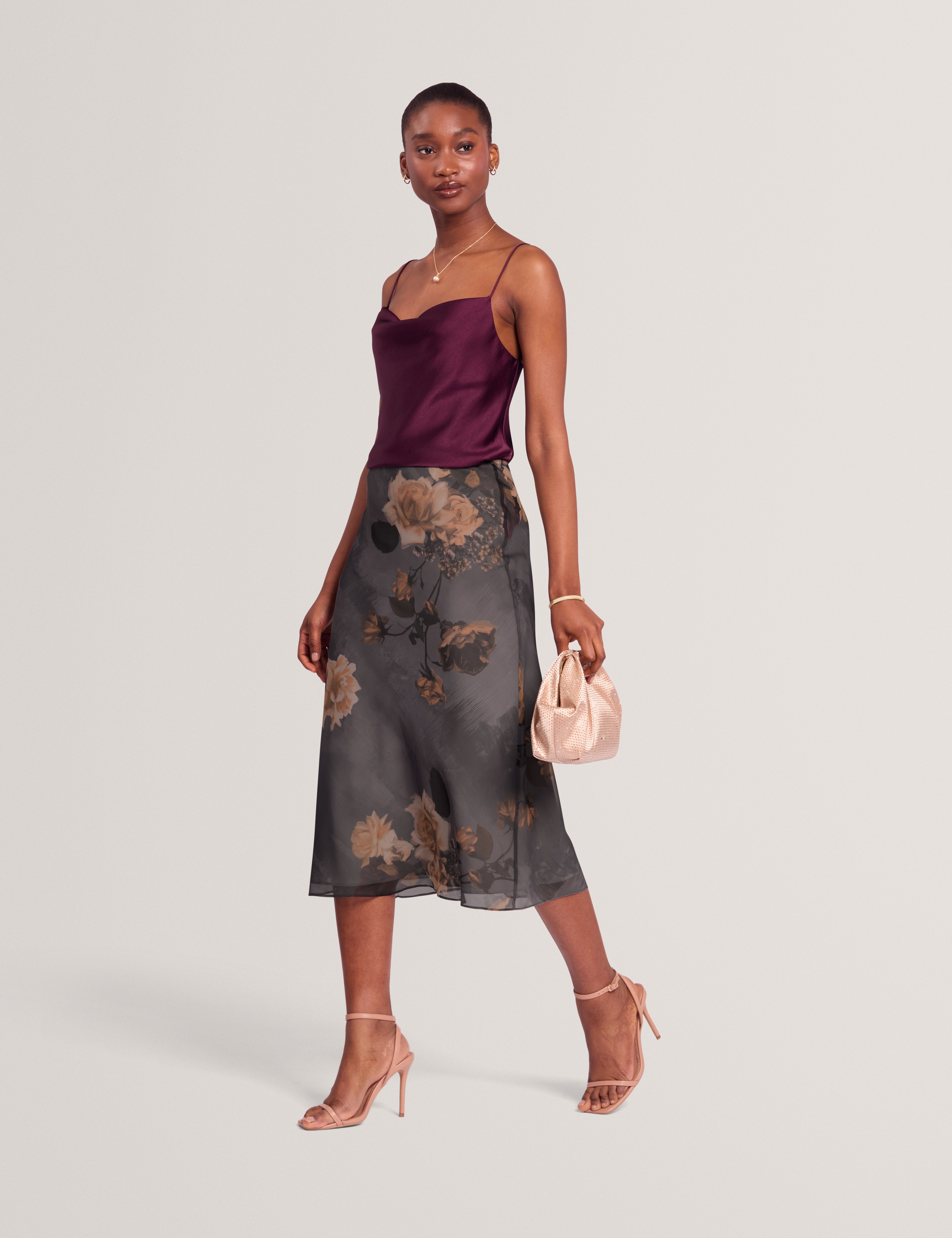 Ancela Printed Chiffon Midi Slip Skirt Dk-Grey
