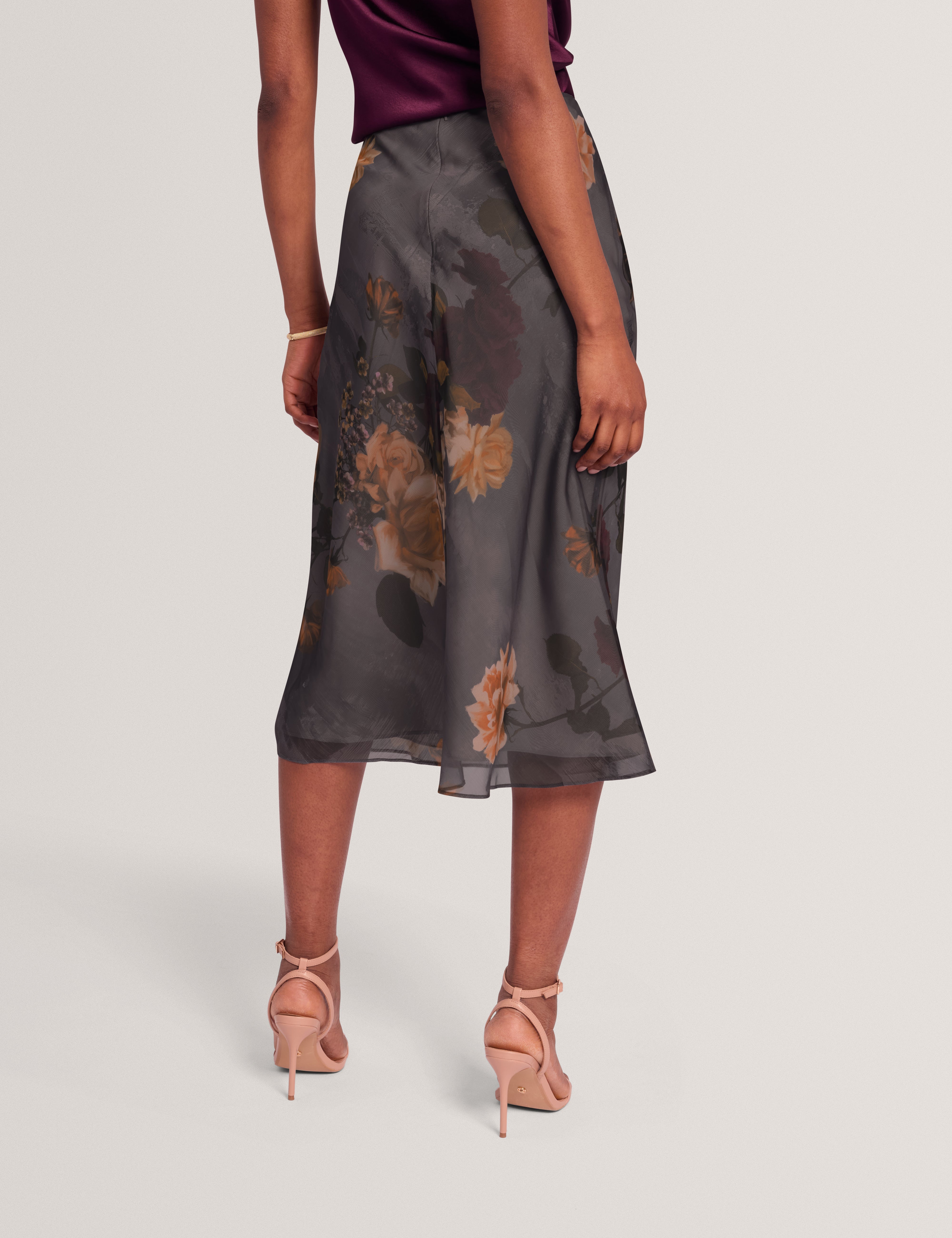 Ancela Printed Chiffon Midi Slip Skirt Dk-Grey
