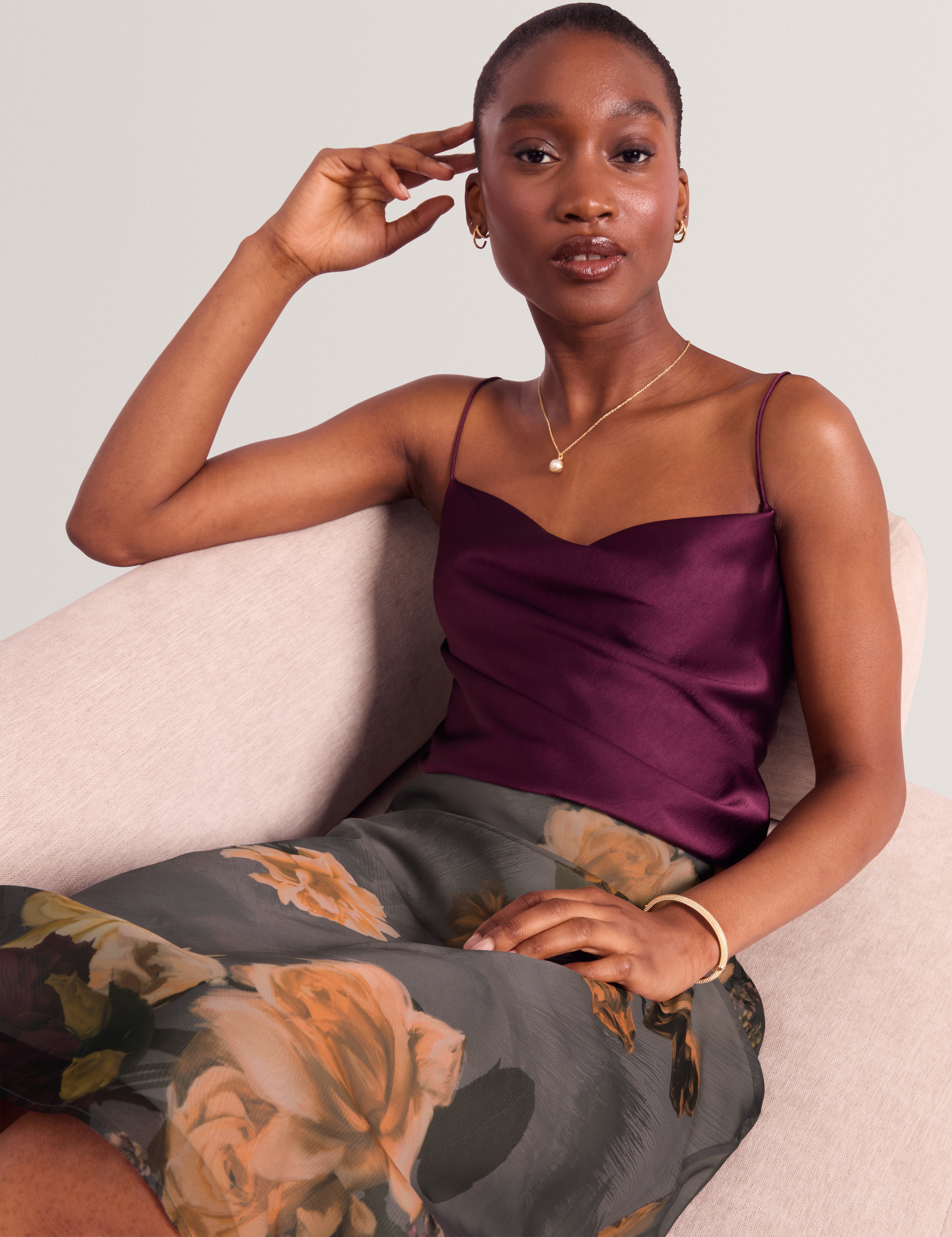 Ancela Printed Chiffon Midi Slip Skirt Dk-Grey