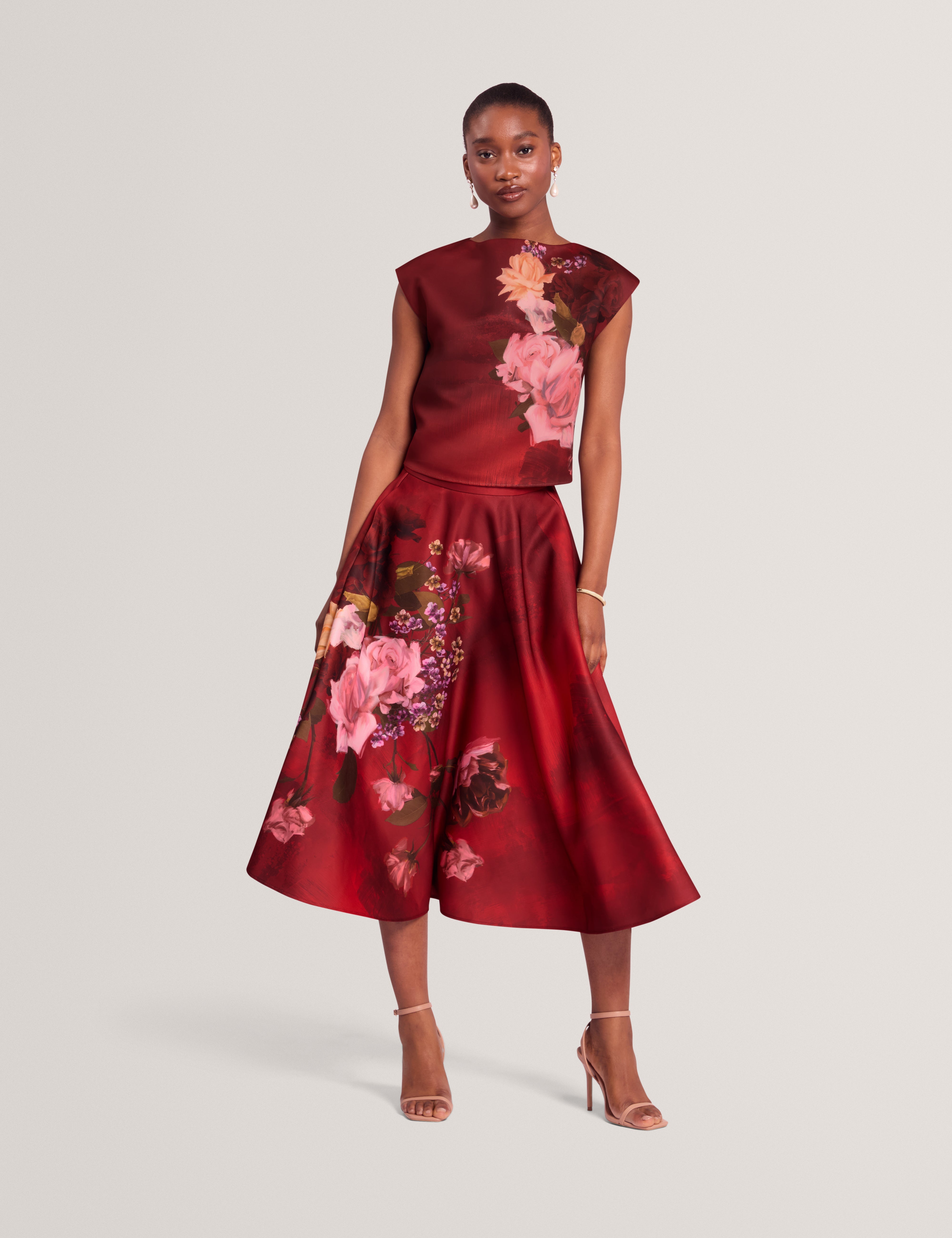 Simiia Printed Full Midi Skirt Red