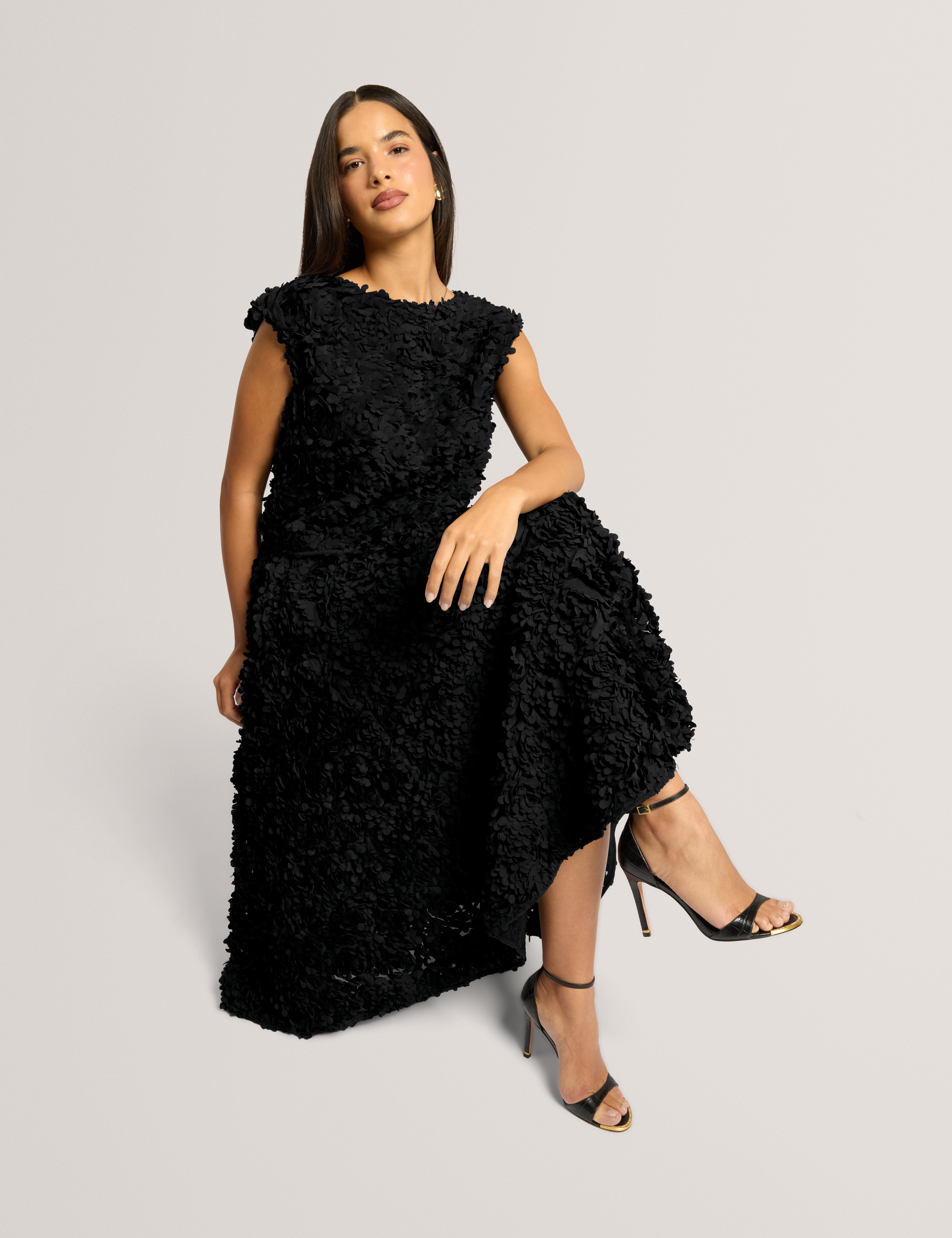 Solica Textured Fabric Full Midi Skirt Black