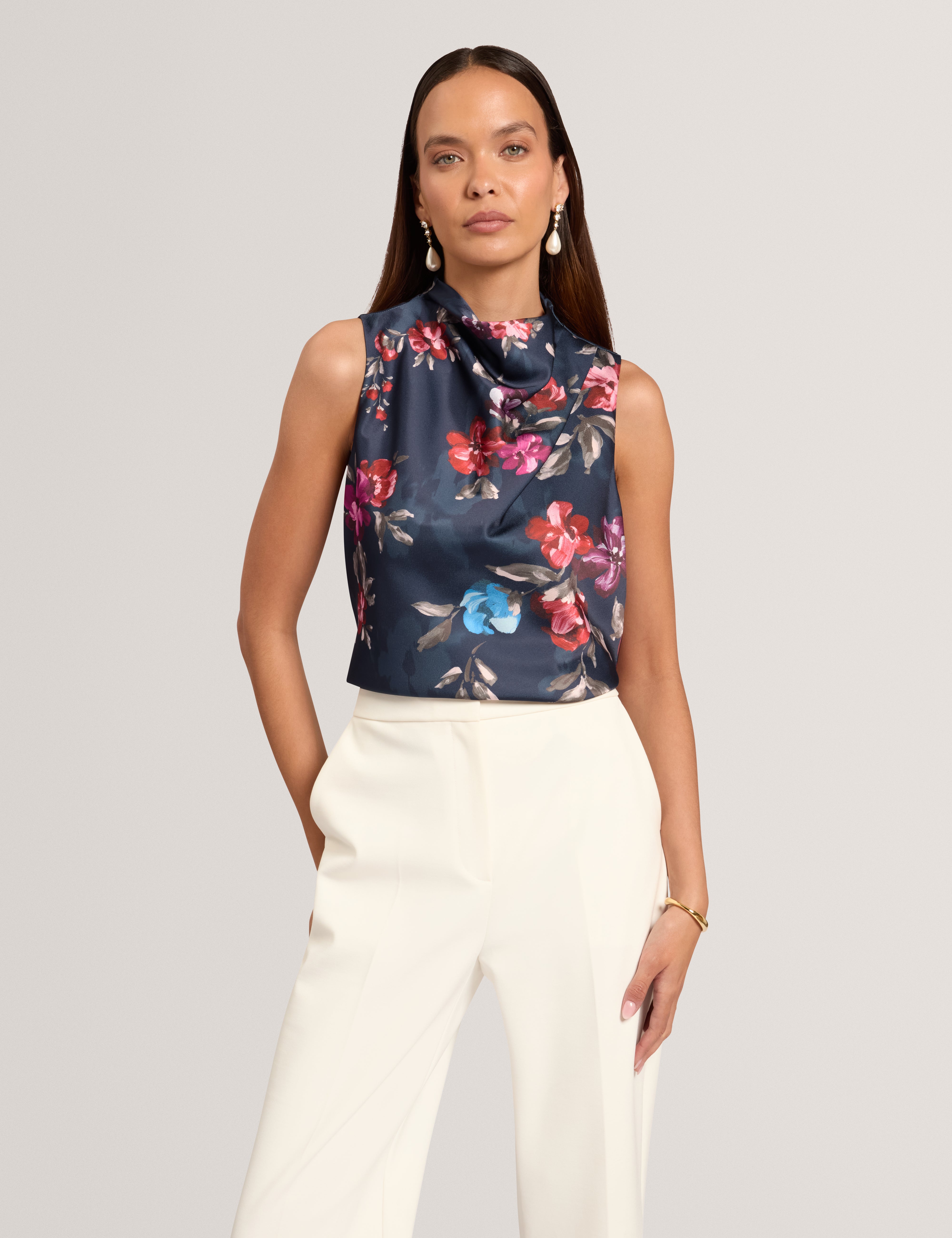 Zaddii Floral Printed Drape Neck Top Navy