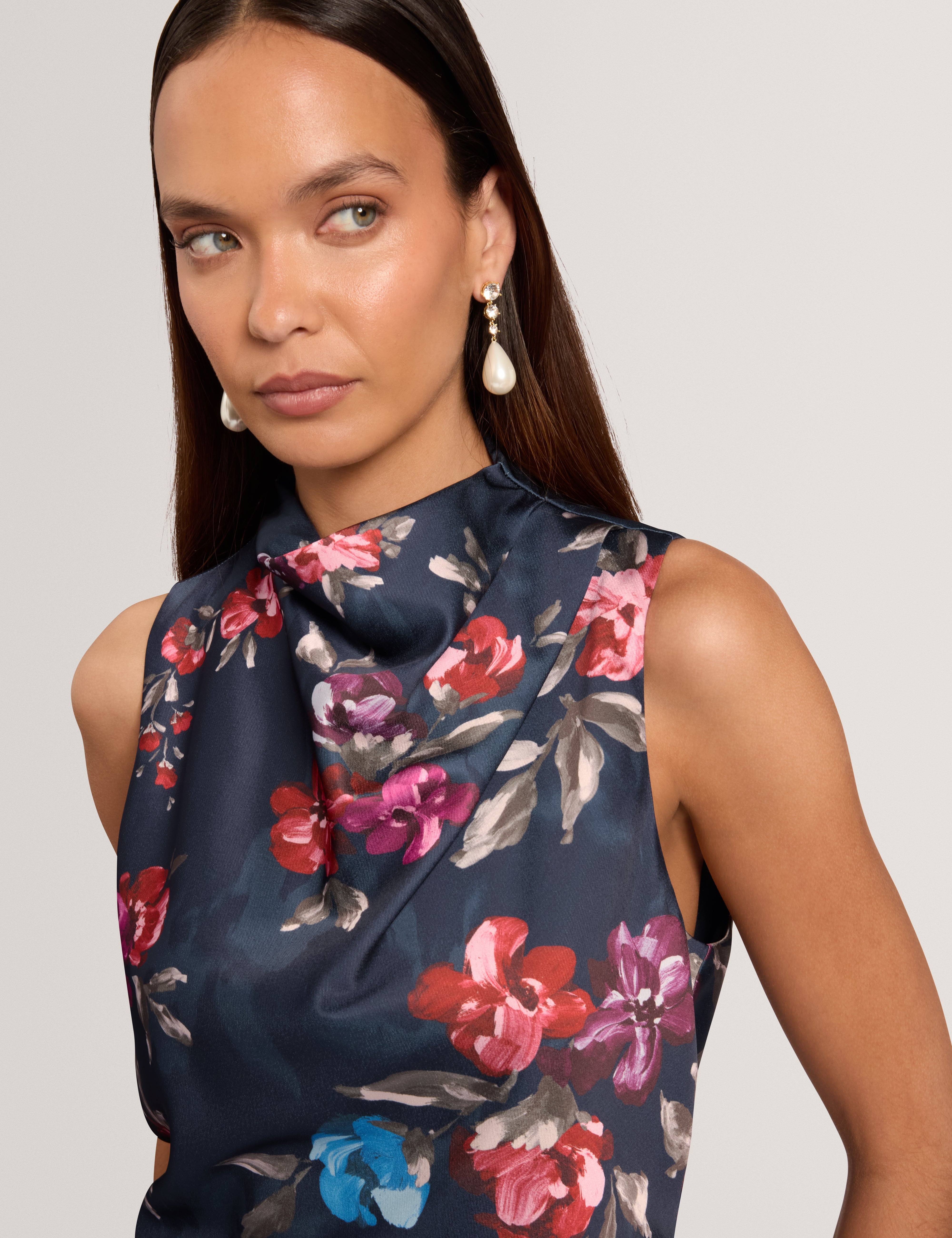 Zaddii Floral Printed Drape Neck Top Navy
