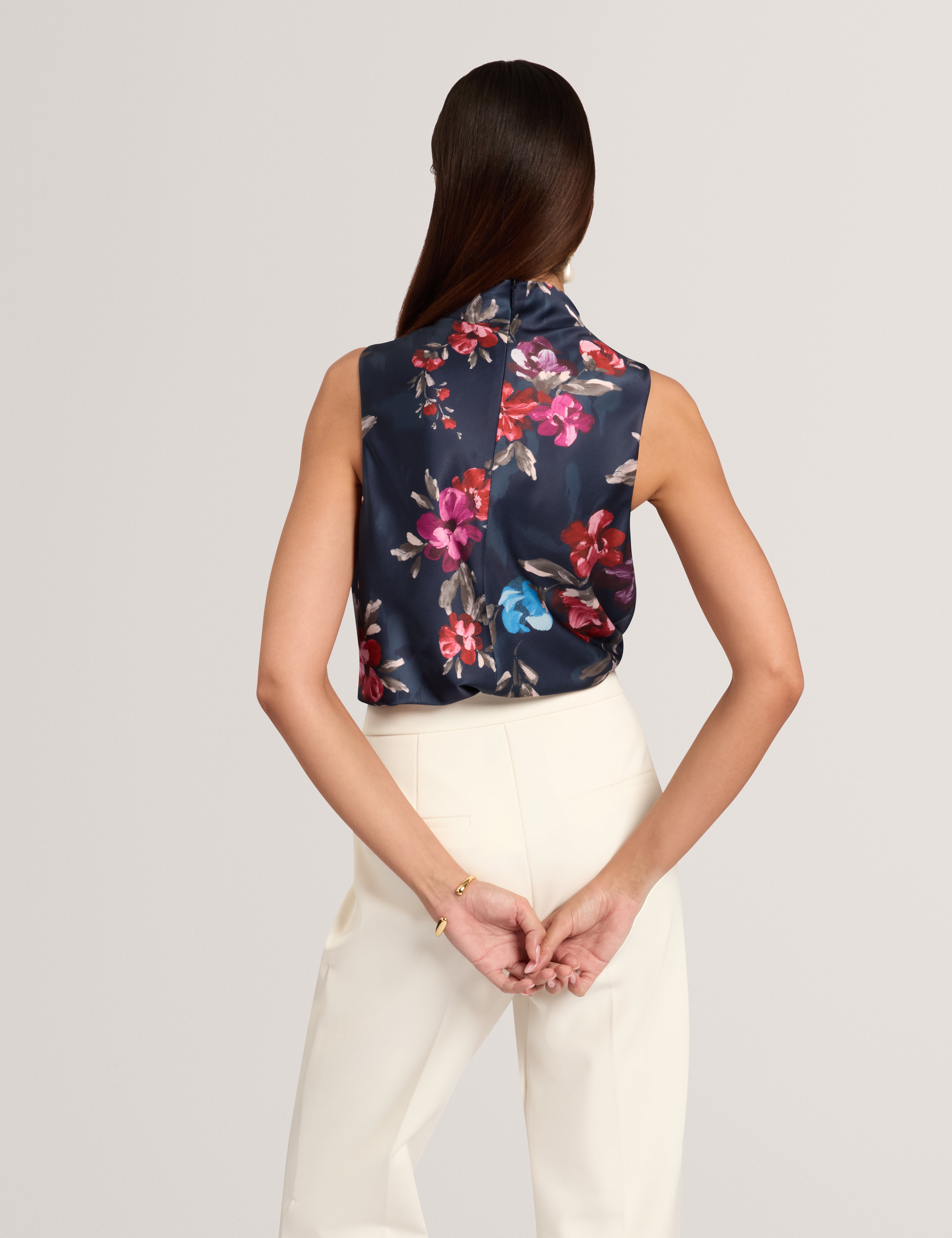 Zaddii Floral Printed Drape Neck Top Navy