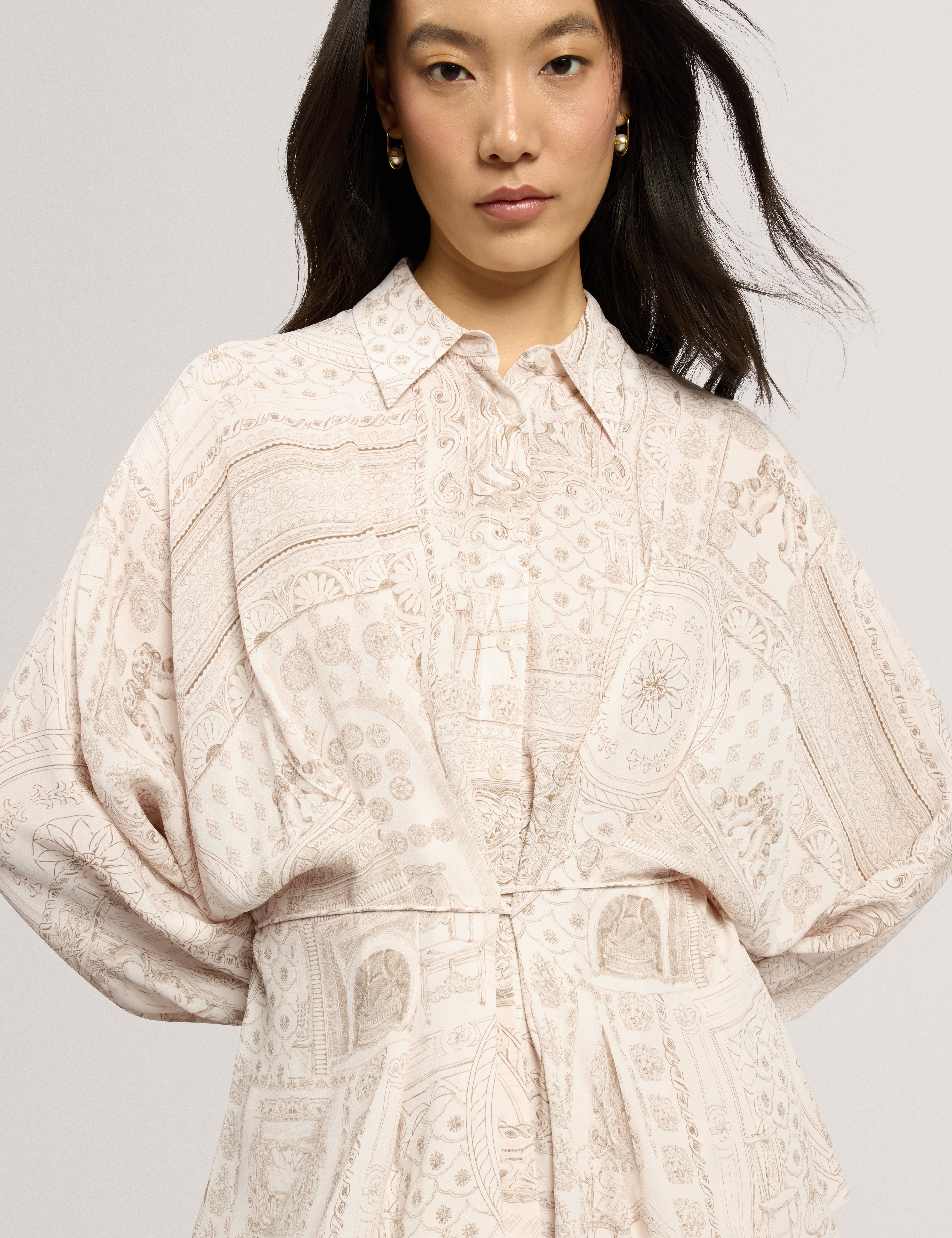 Layti Printed Tie Detail Blouse Lt-Grey