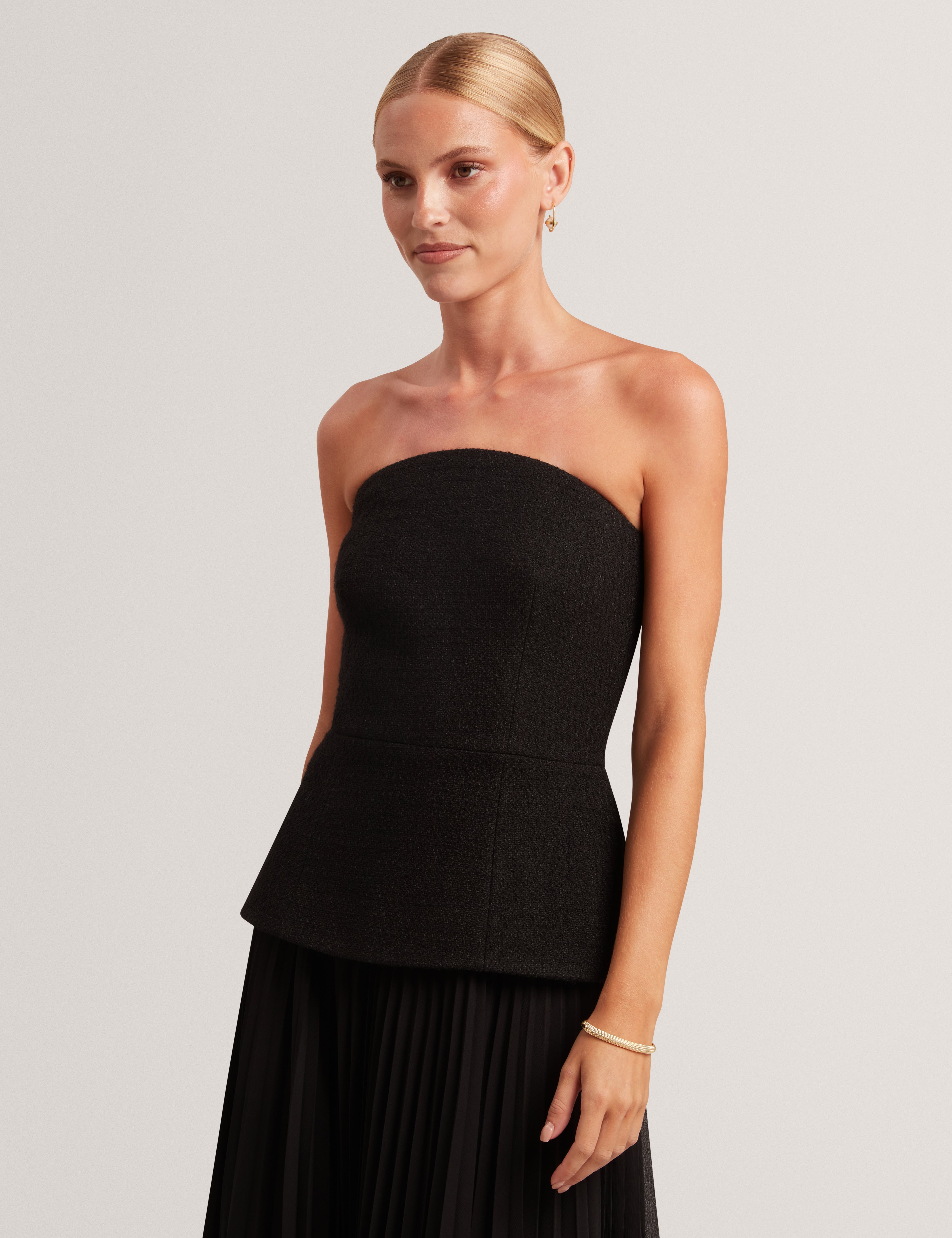 Raddim Strapless Boucle Top Pleated Maxi Dress Black