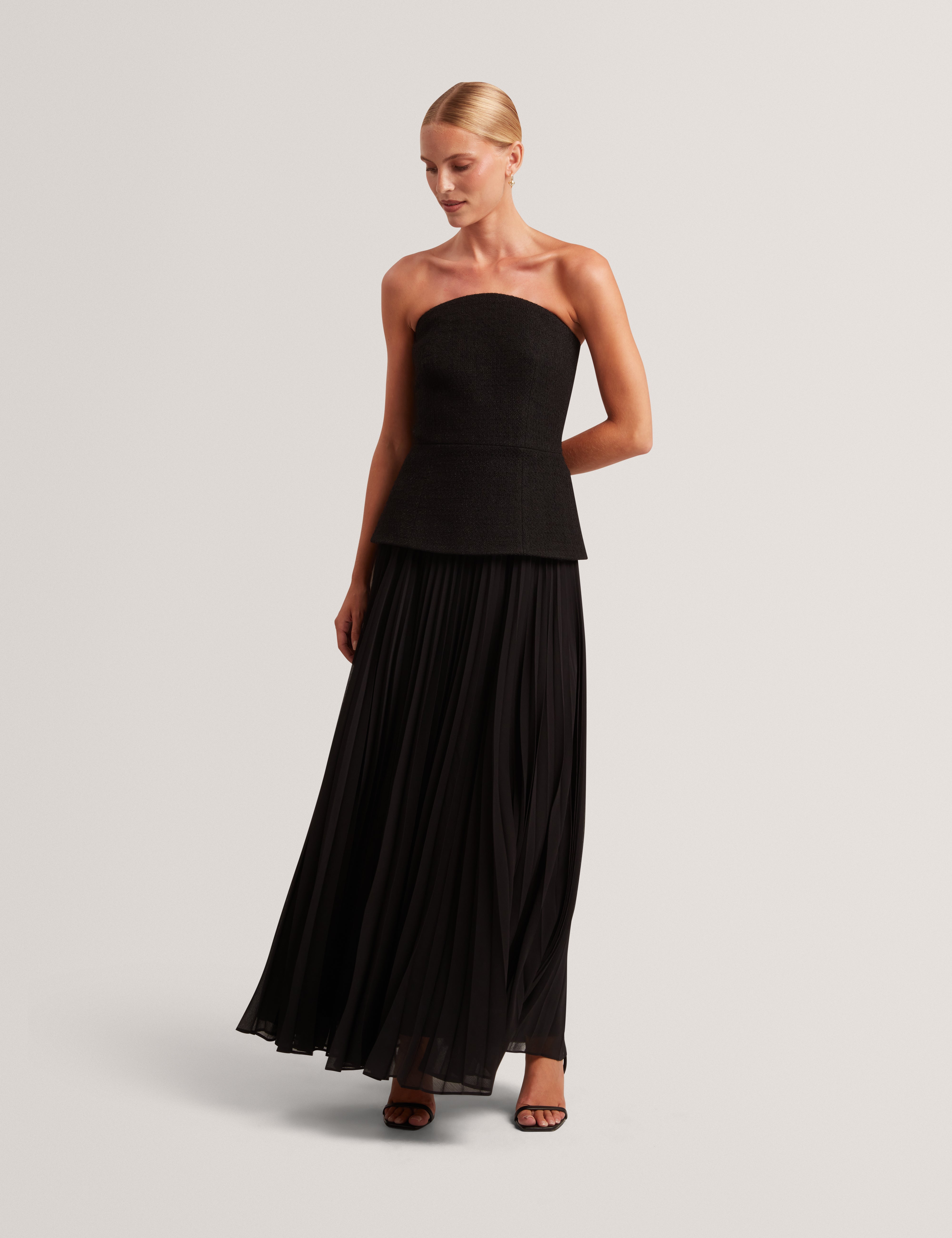Raddim Strapless Boucle Top Pleated Maxi Dress Black