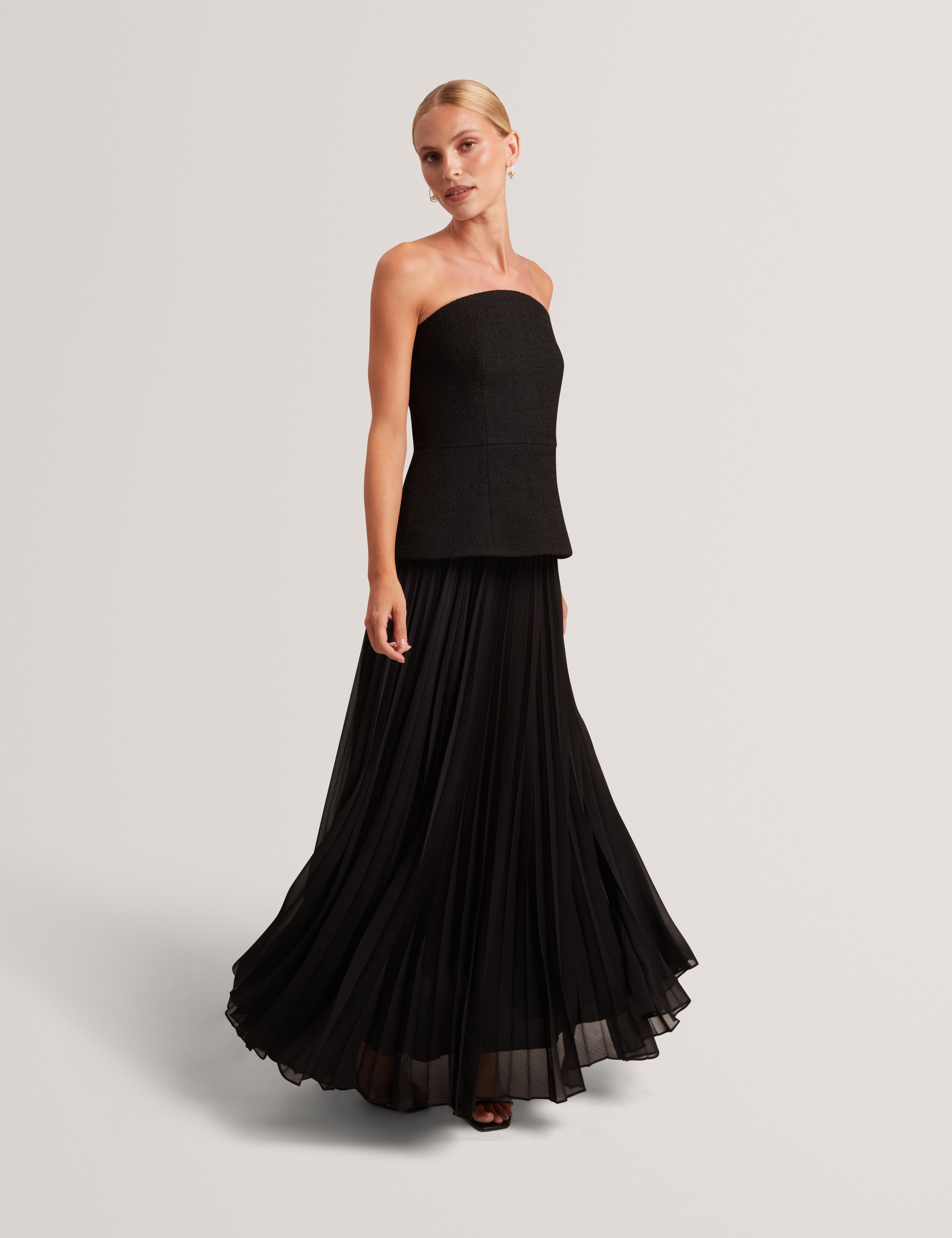 Raddim Strapless Boucle Top Pleated Maxi Dress Black