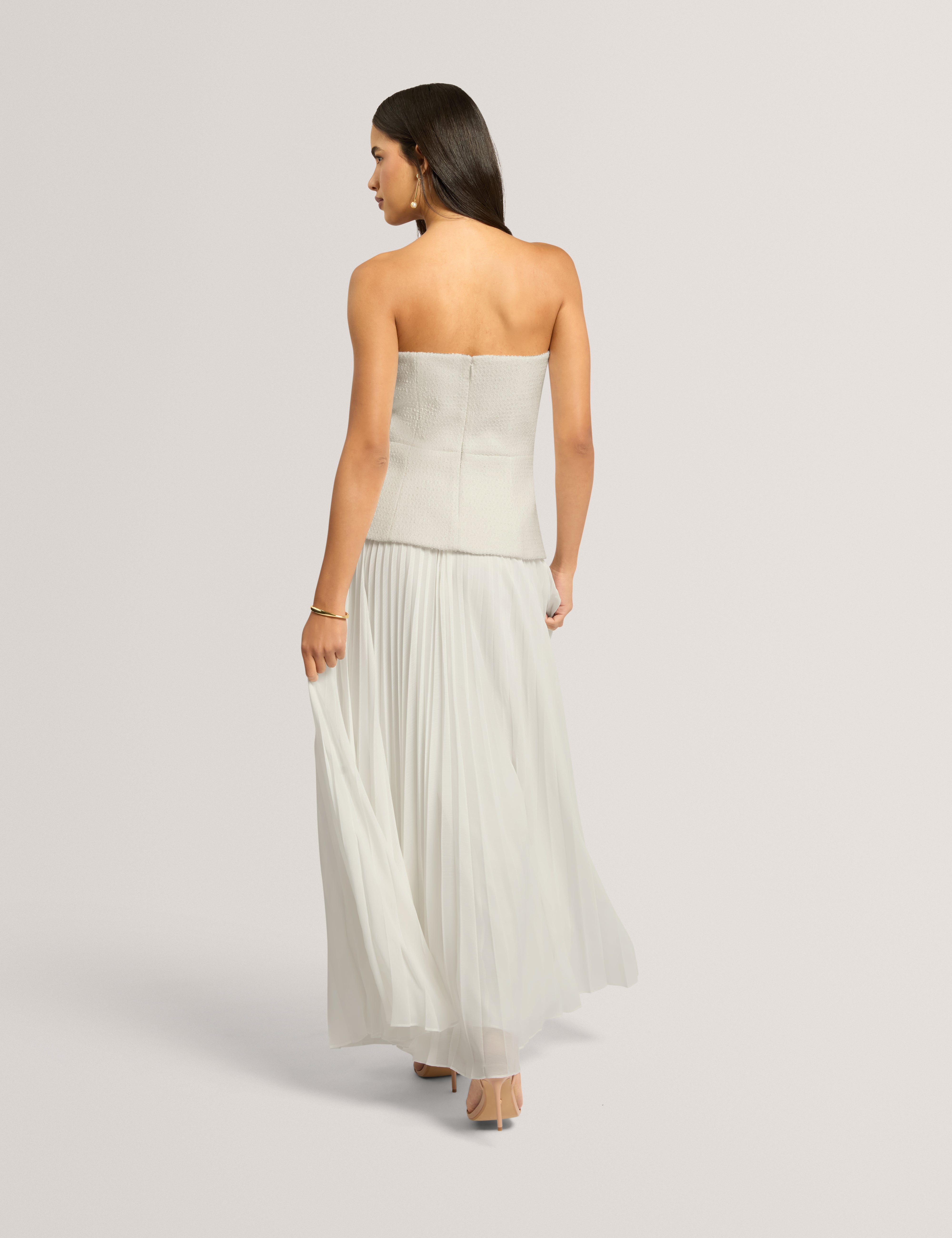 Raddim Strapless Boucle Top Pleated Maxi Dress Ivory