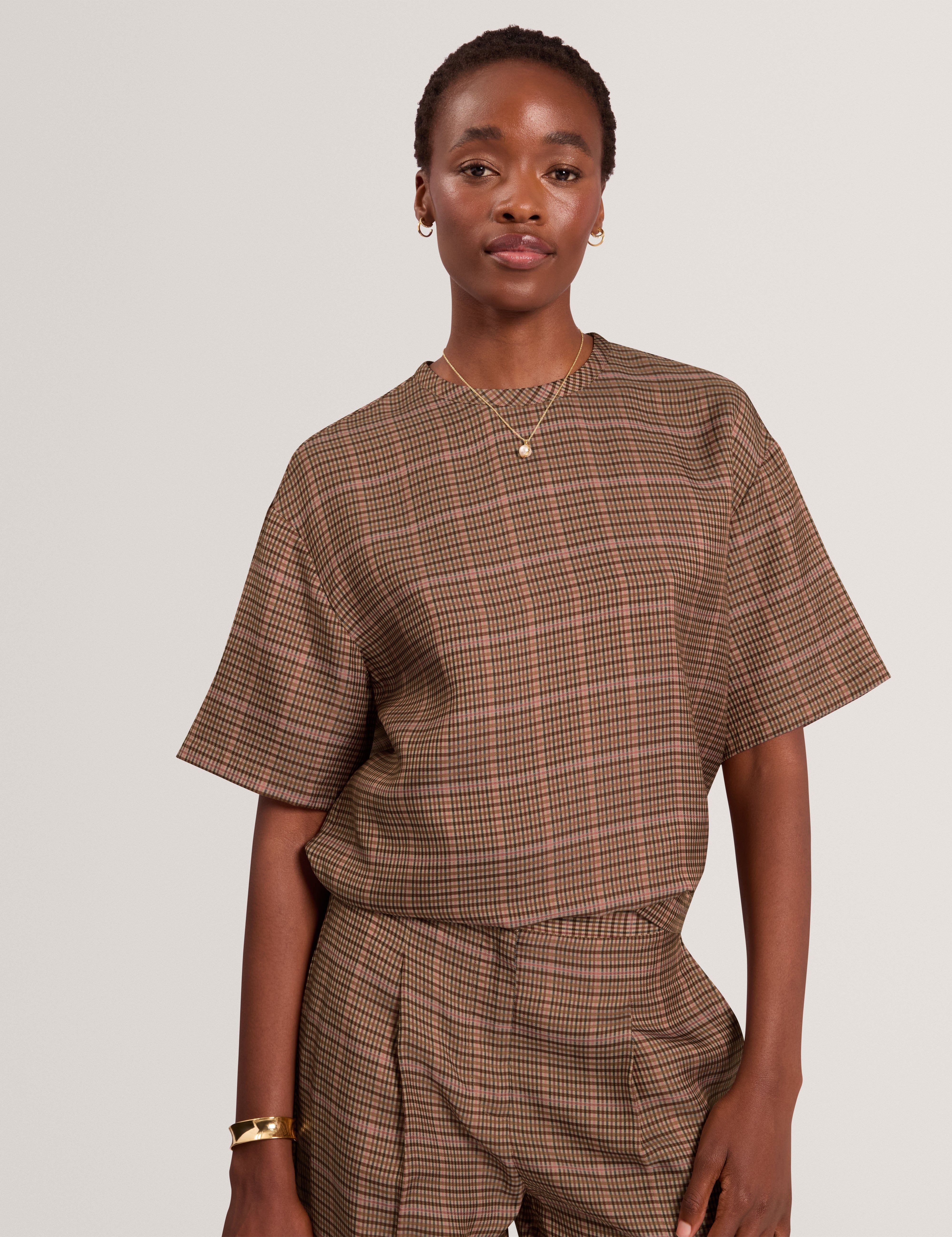 Flanna Short Sleeve Check Print Shirt Beige