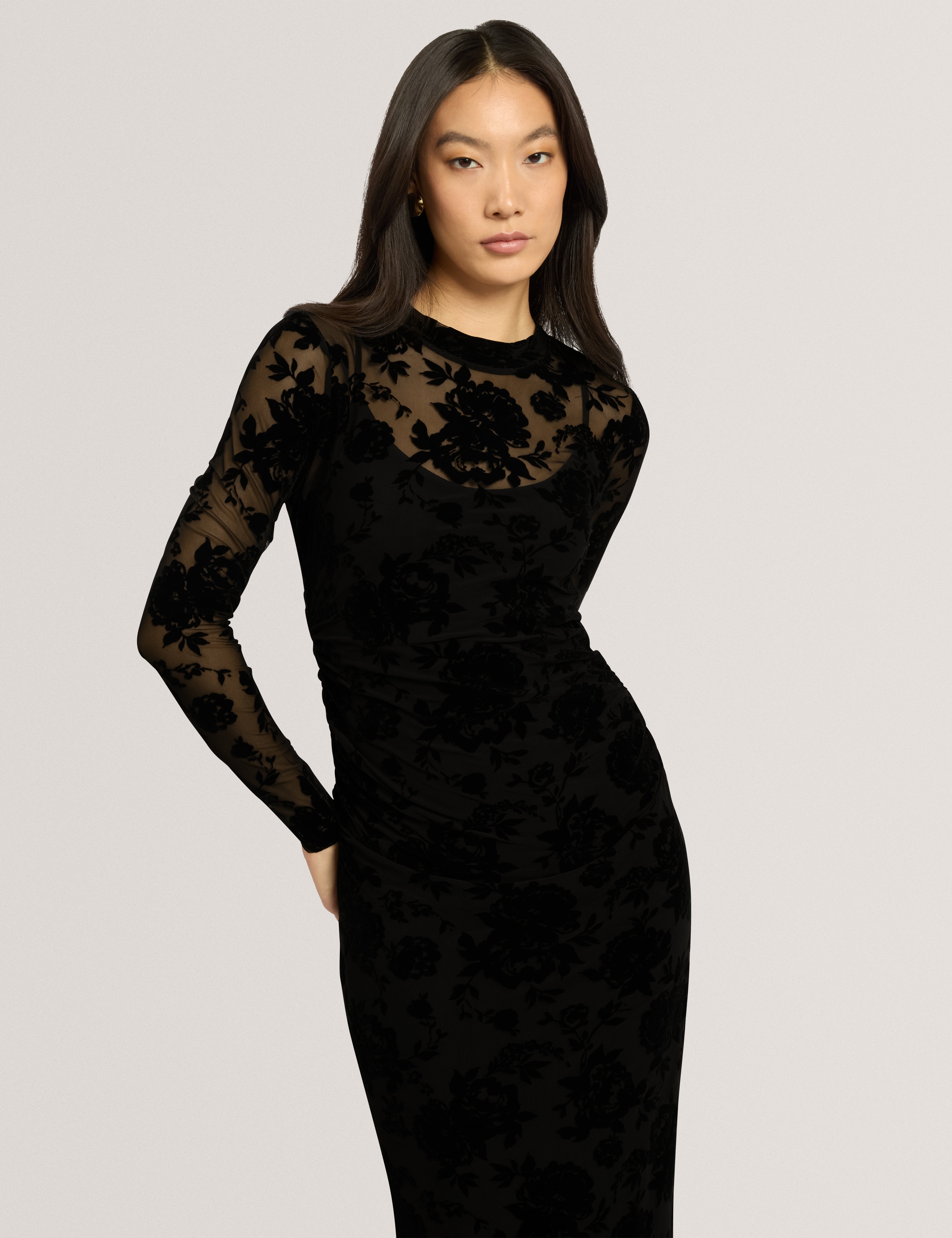 Cireya Devore Mesh Long Sleeve Midi Dress Black