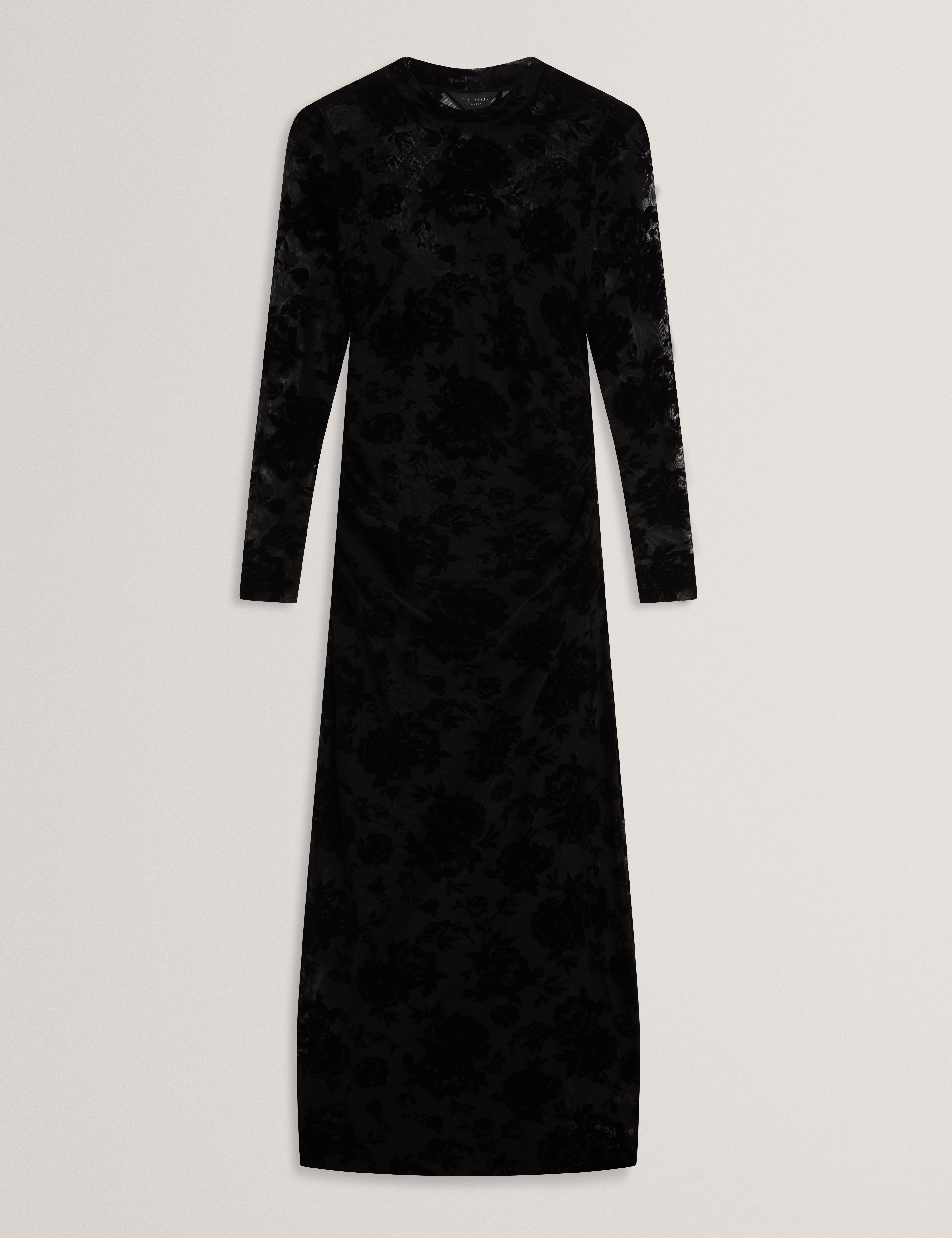 Cireya Devore Mesh Long Sleeve Midi Dress Black