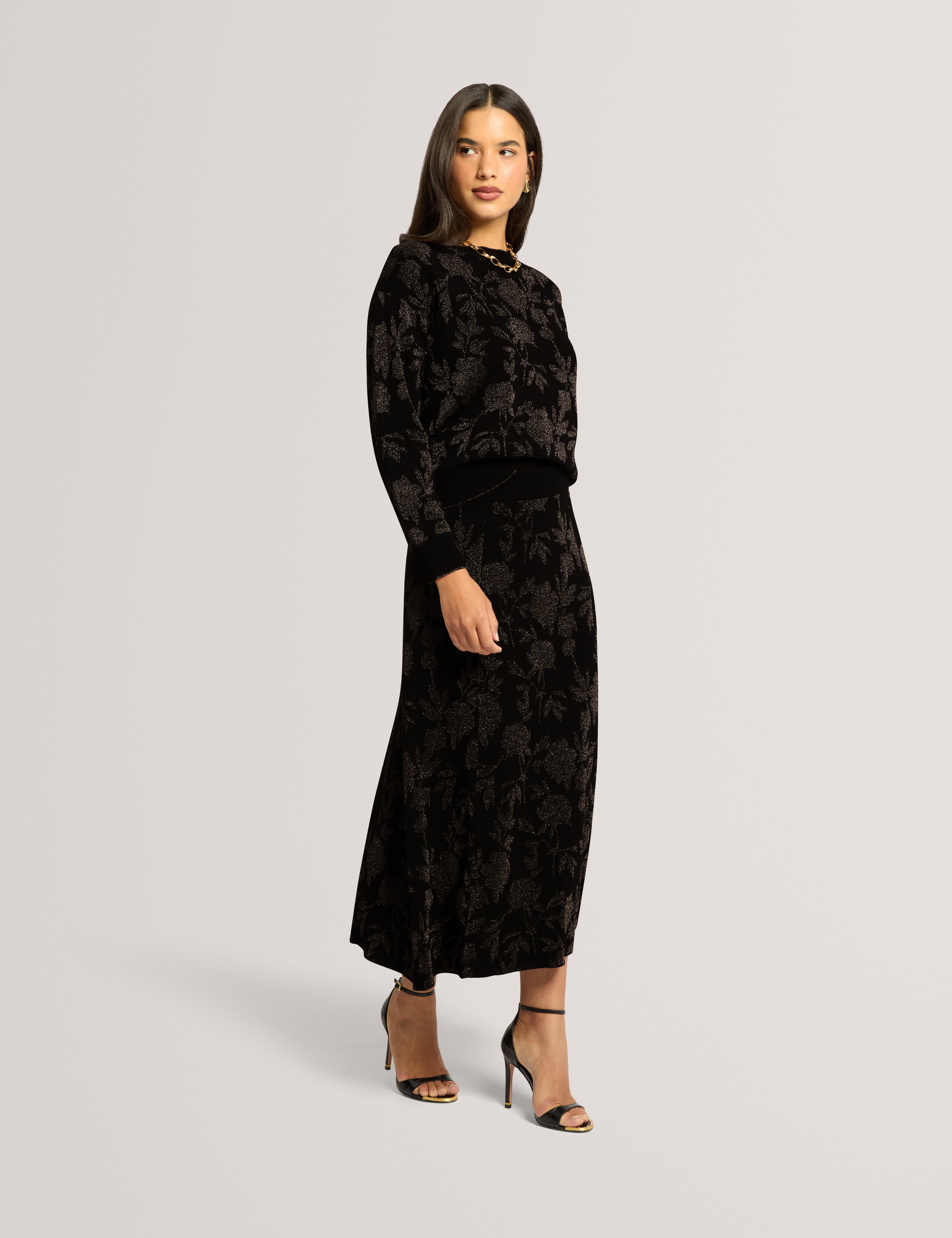 Zolana Jacquard A Line Midi Skirt Black